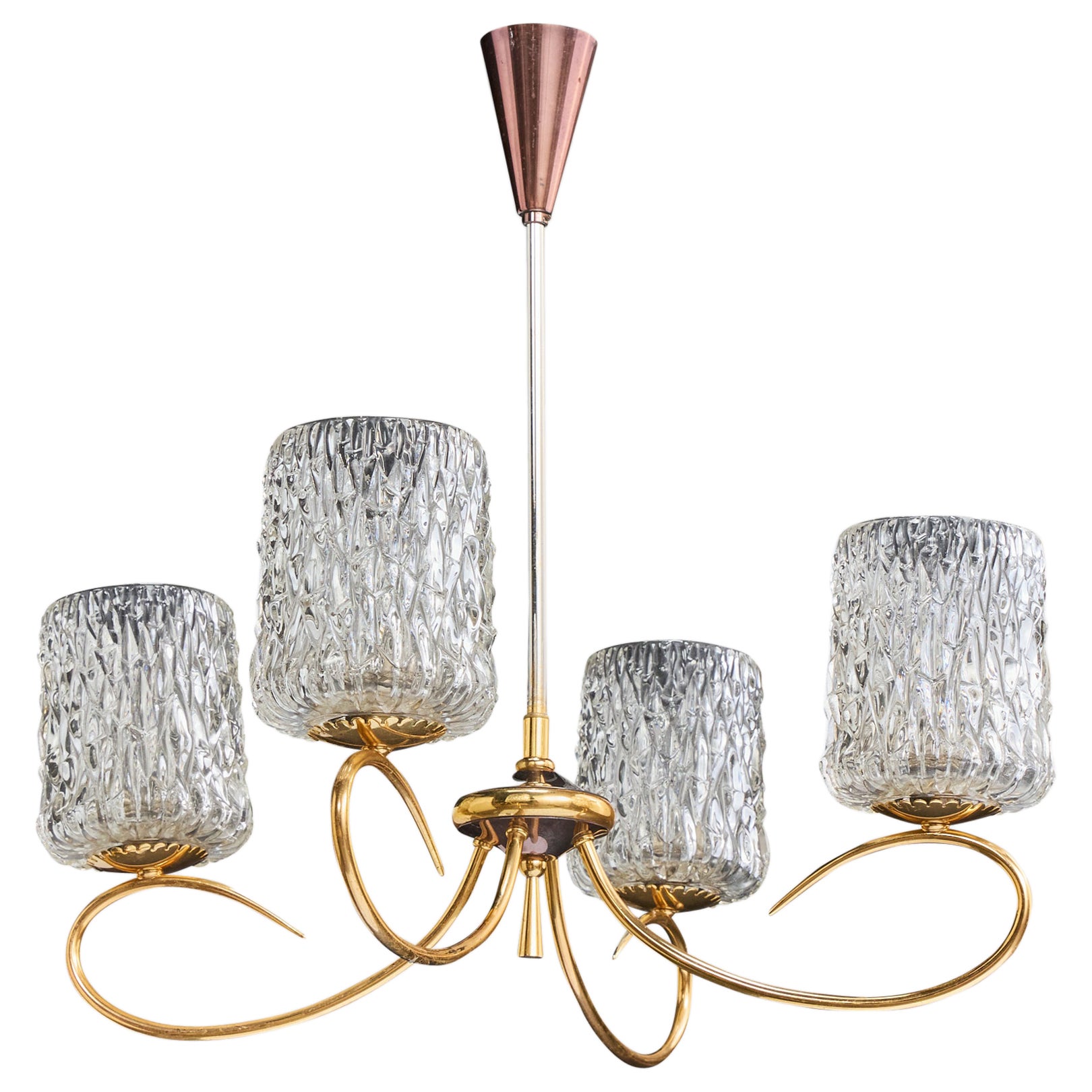 Designer français, lustre, laiton, métal, verre, France, années 1950