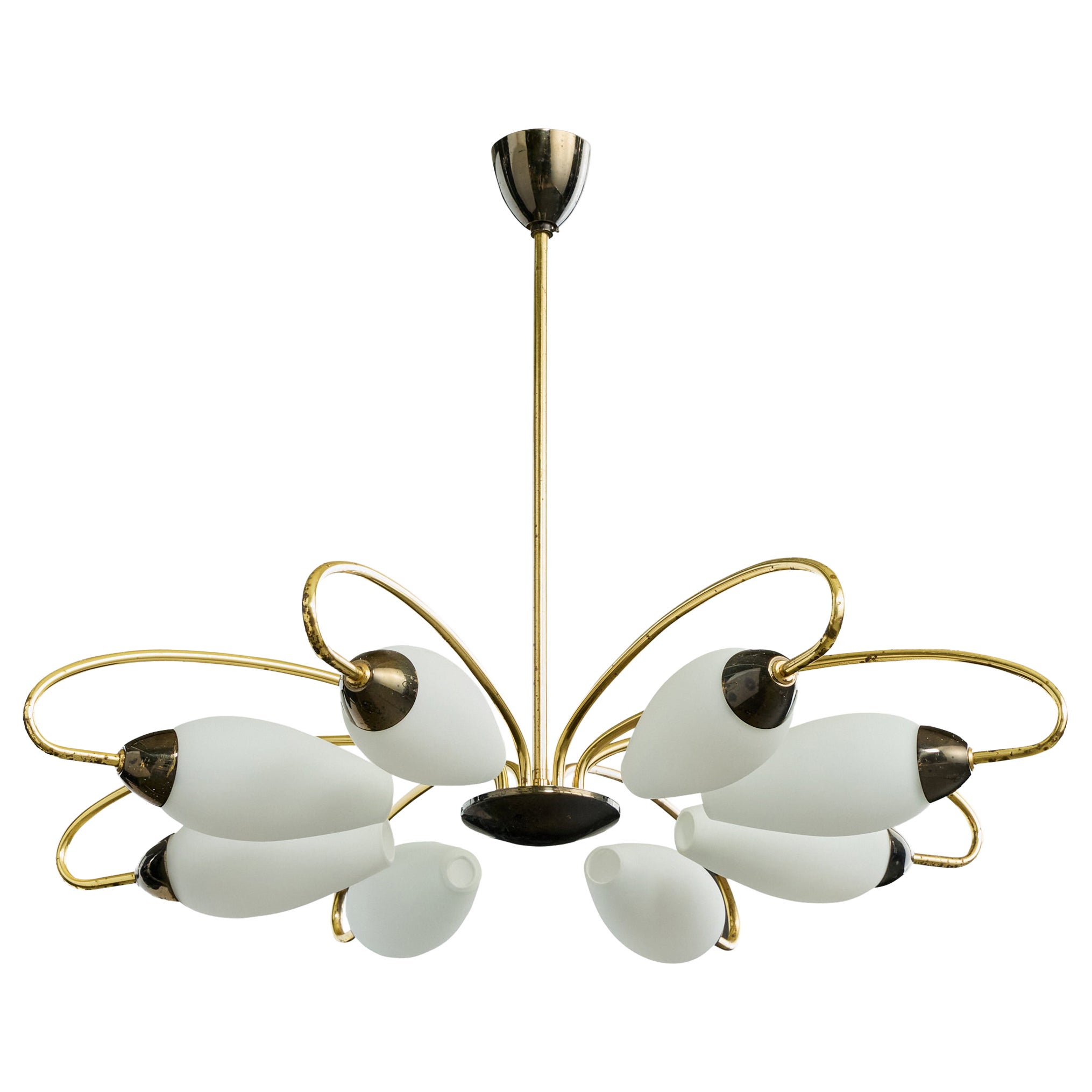 French Designer, Chandelier, Brass, Metal, Glass, France, 1950s