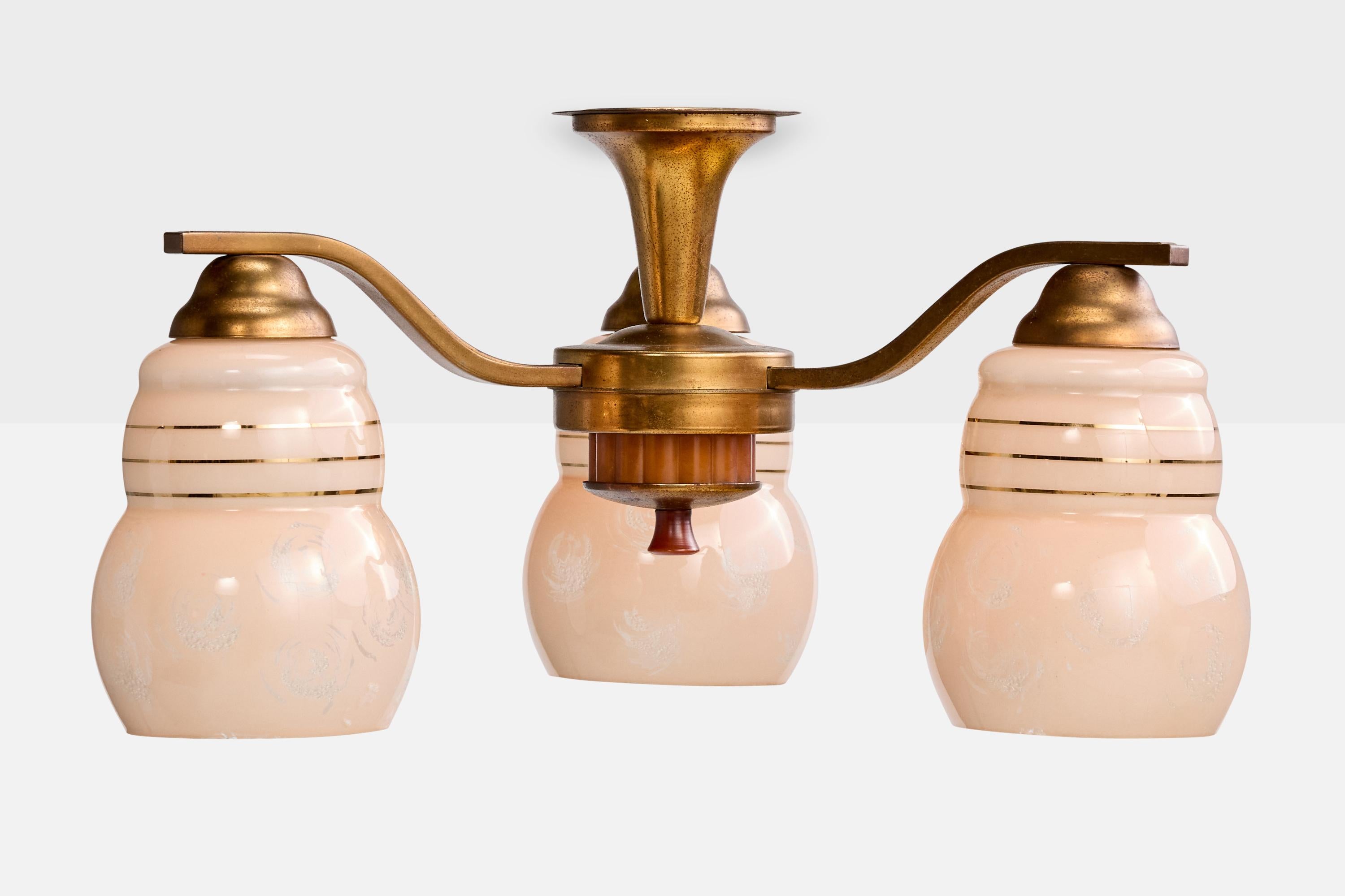 Mid-Century moderno Designer francese, lampadario, ottone, legno, vetro, Francia, anni '40 in vendita