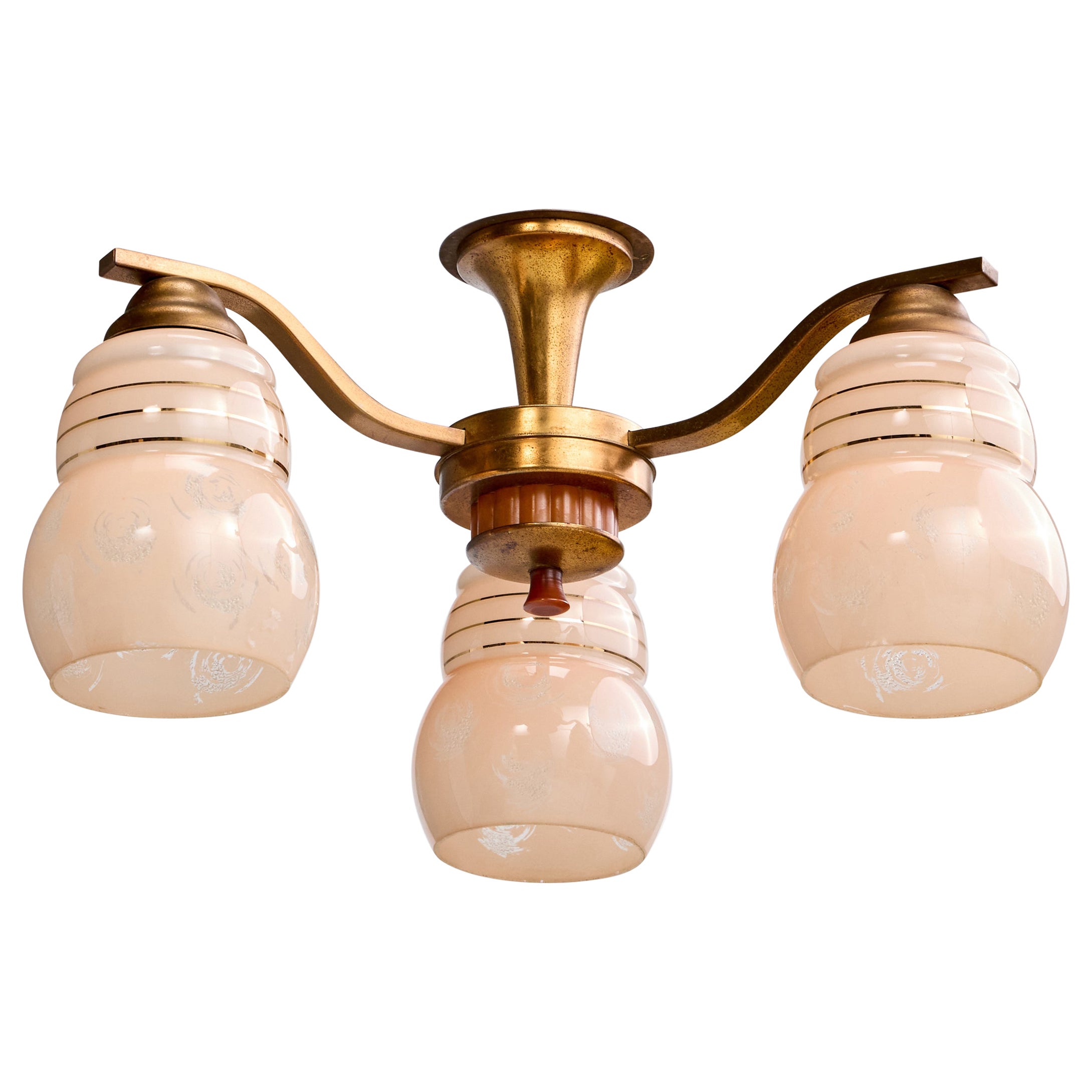 Designer francese, lampadario, ottone, legno, vetro, Francia, anni '40