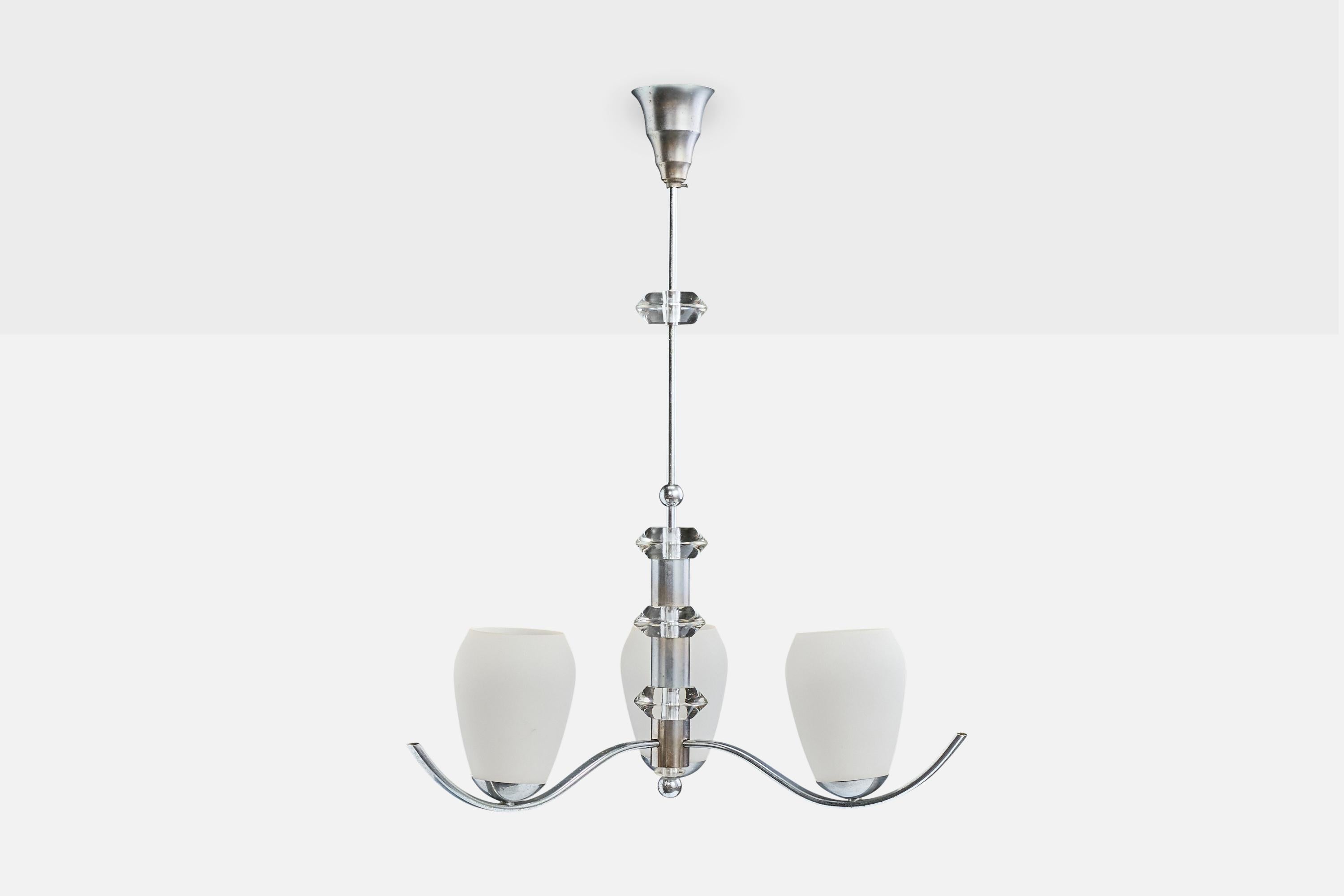 Mid-Century moderno Lampadario di design francese, cromo, vetro, Francia, anni '50 in vendita