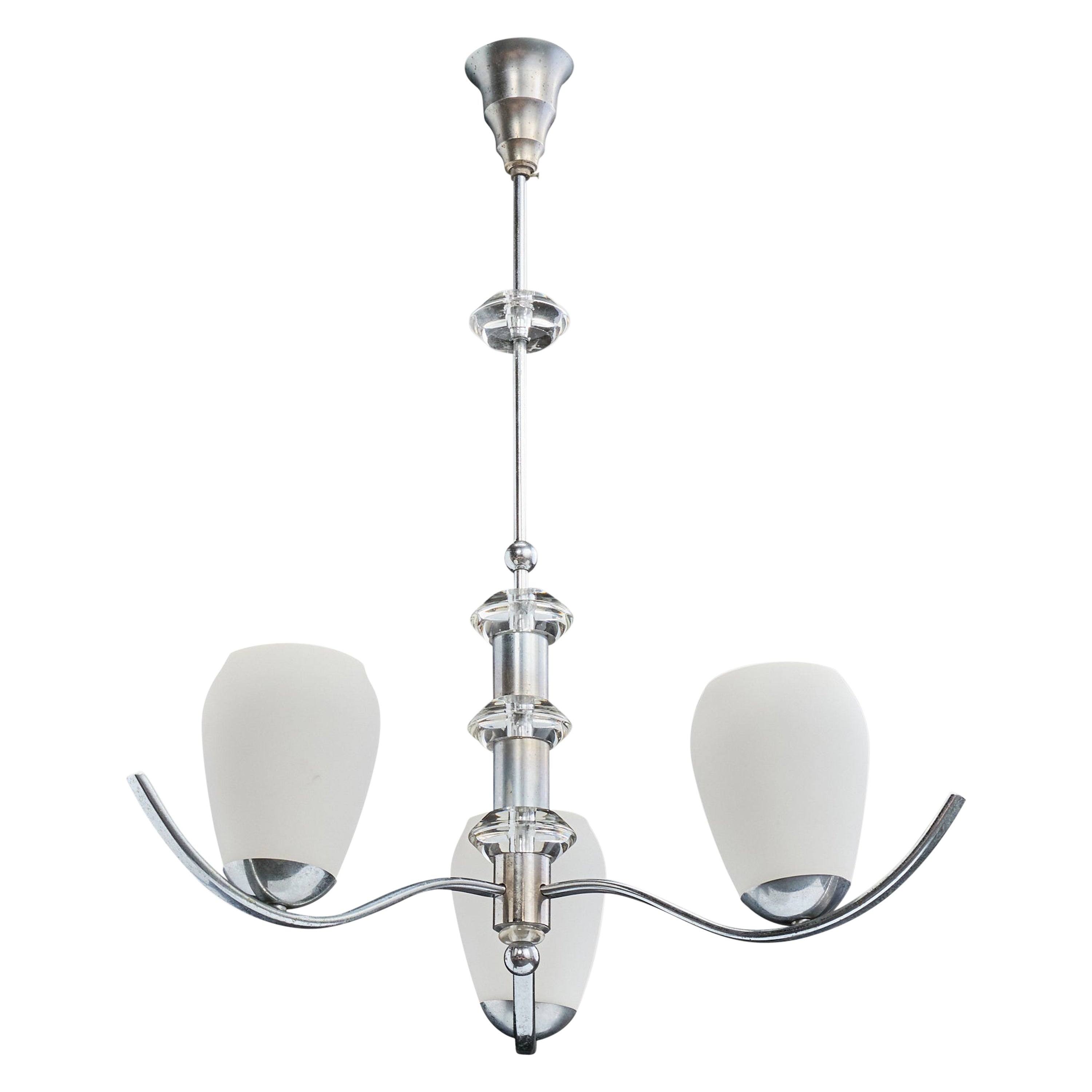 French Designer, Chandelier, Chrome, Glass, France, 1950s