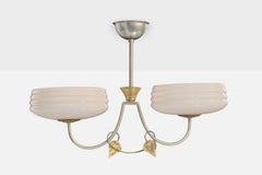 French Designer, Chandelier, Metal, Brass, Glass, France, 1950s