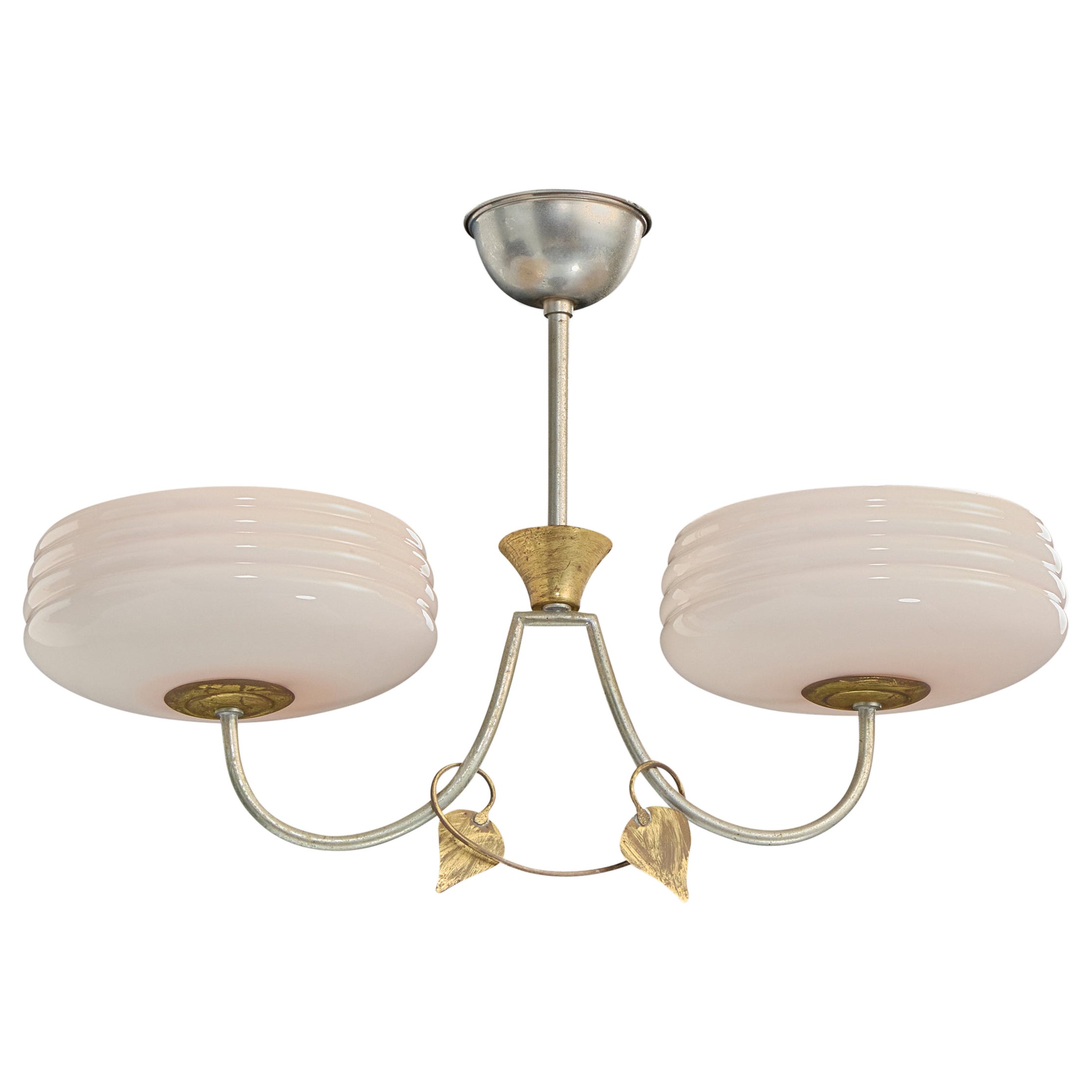 French Designer, Chandelier, Metal, Brass, Glass, France, 1950s