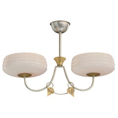 French Designer, Chandelier, Metal, Brass, Glass, France, 1950s