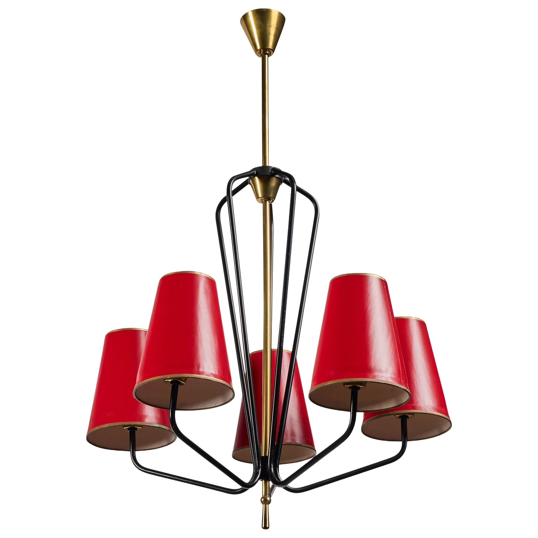 Designer francese, lampadario, metallo, ottone, carta, Francia, anni '50 in vendita