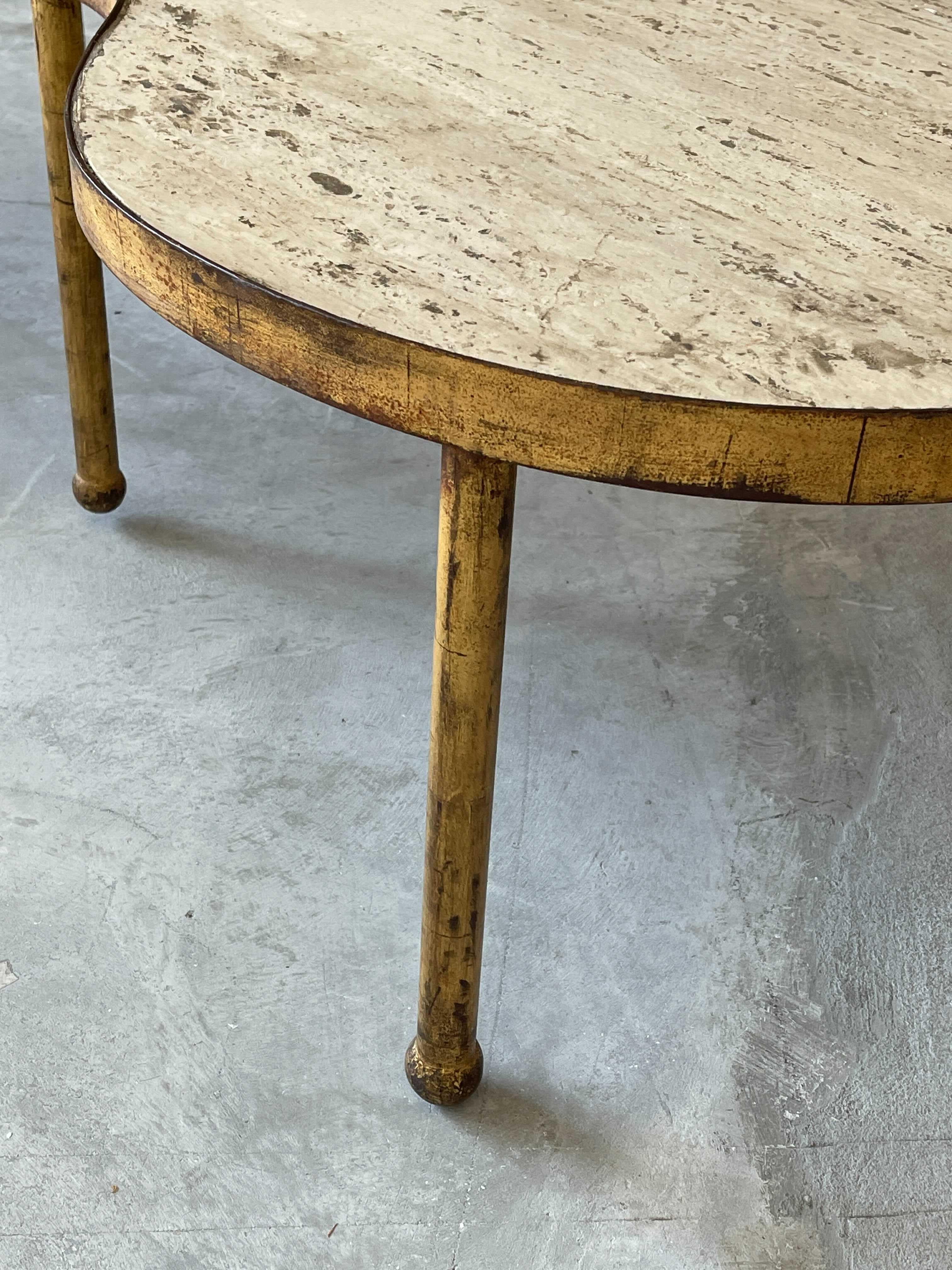 French Designer, Coffee / Cocktail Table, Gilt Steel, Travertine, France, 1950s In Good Condition In High Point, NC