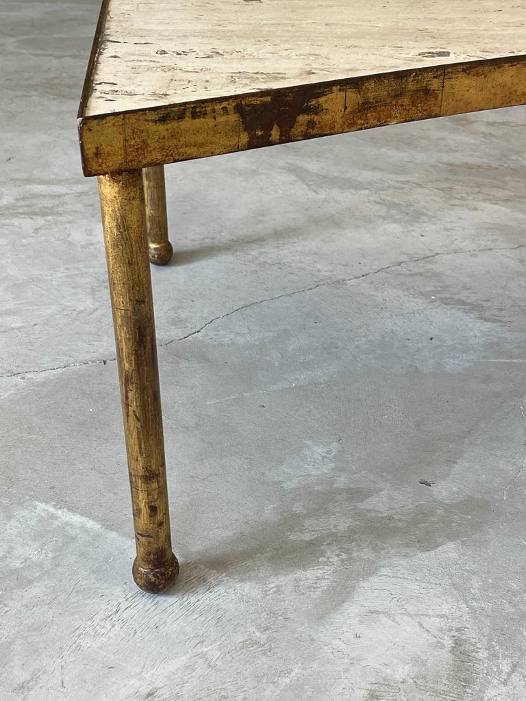 French Designer, Coffee / Cocktail Table, Gilt Steel, Travertine, France, 1950s 1