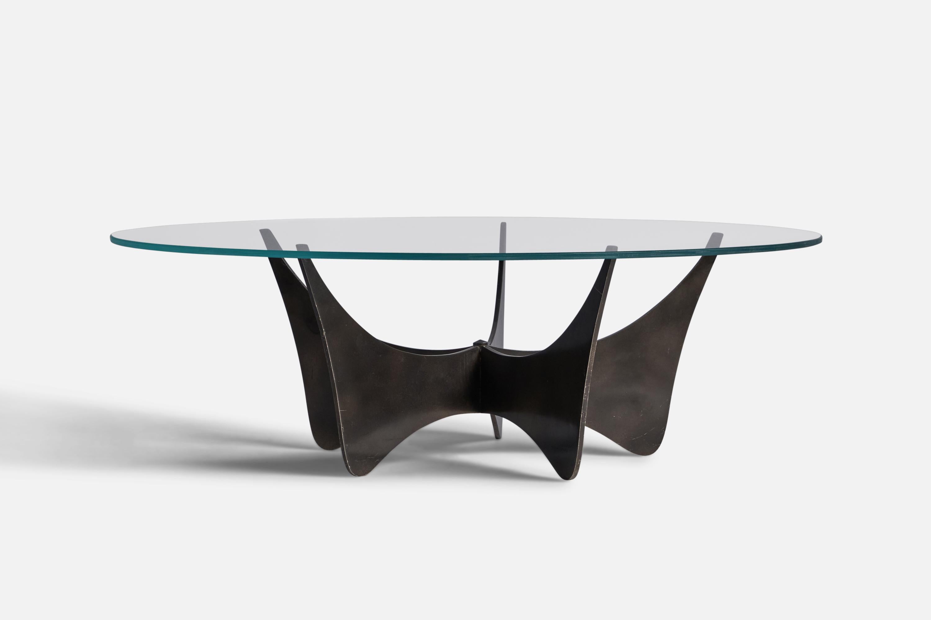 A metal and glass coffee or cocktail table, designed and produced in France, 1970s.