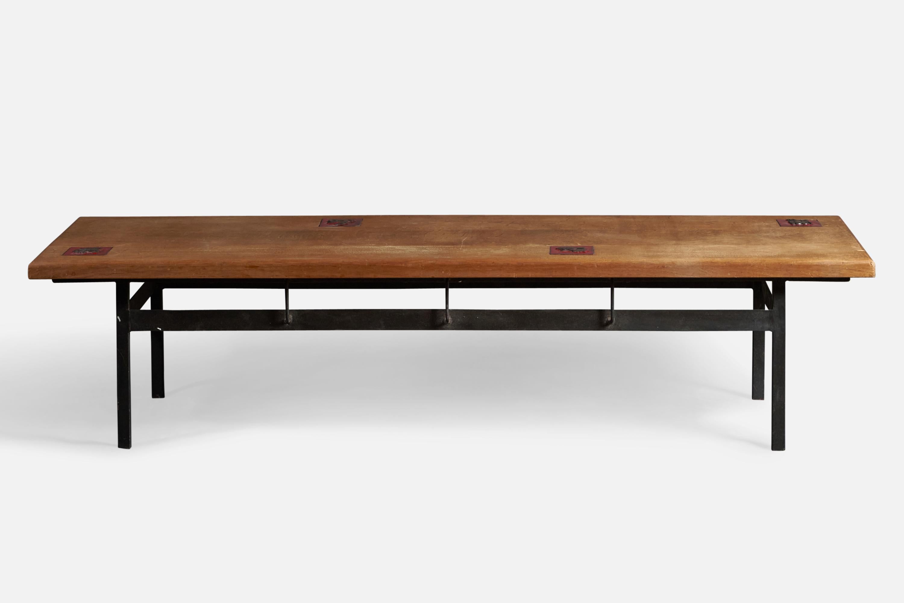 Mid-Century Modern French Designer, Coffee Table, Oak, Metal, Ceramic, France, 1950s For Sale