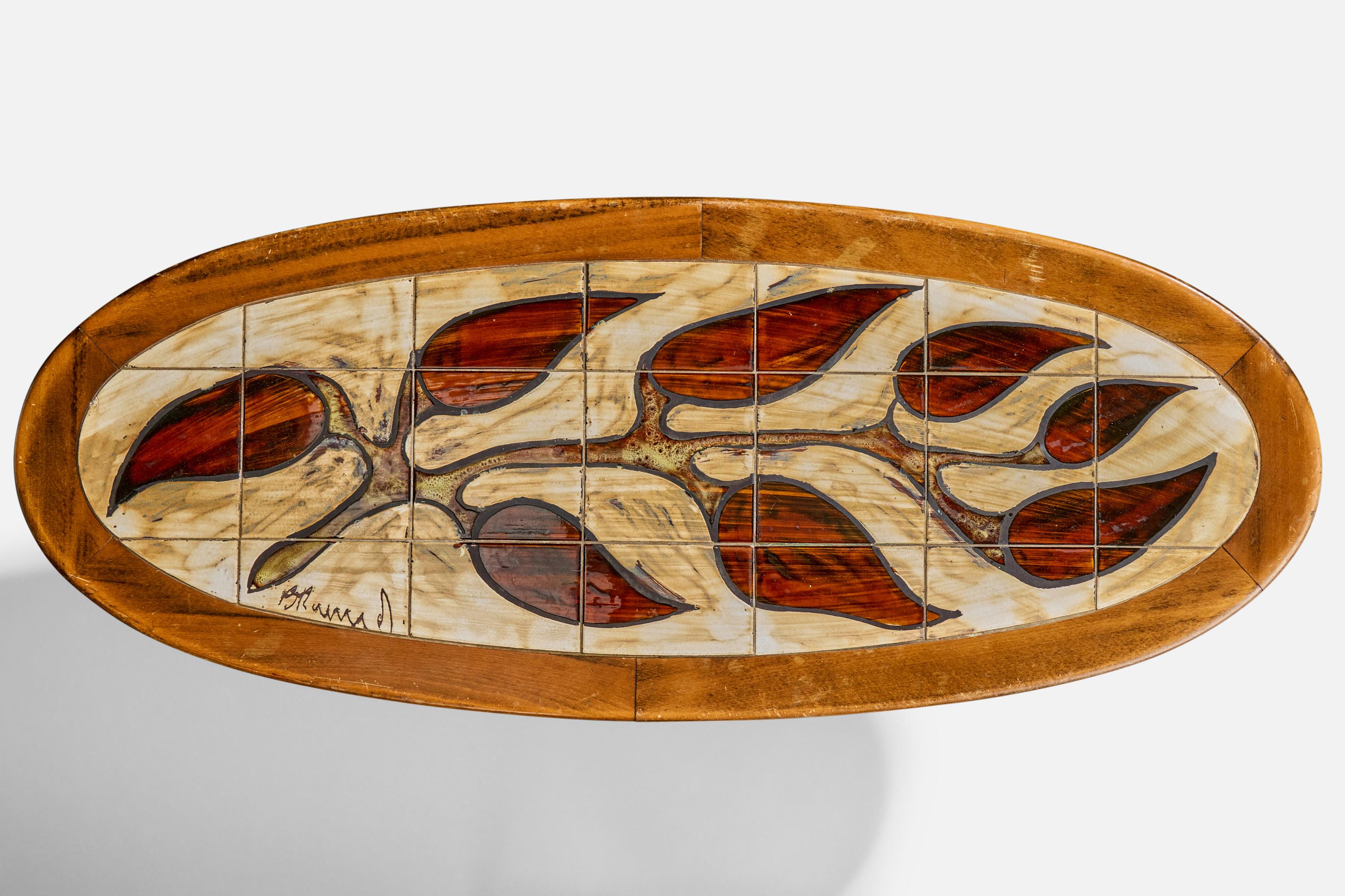 Französischer Designer, Couchtisch, Holz, Keramik, Frankreich, 1970er im Angebot 2