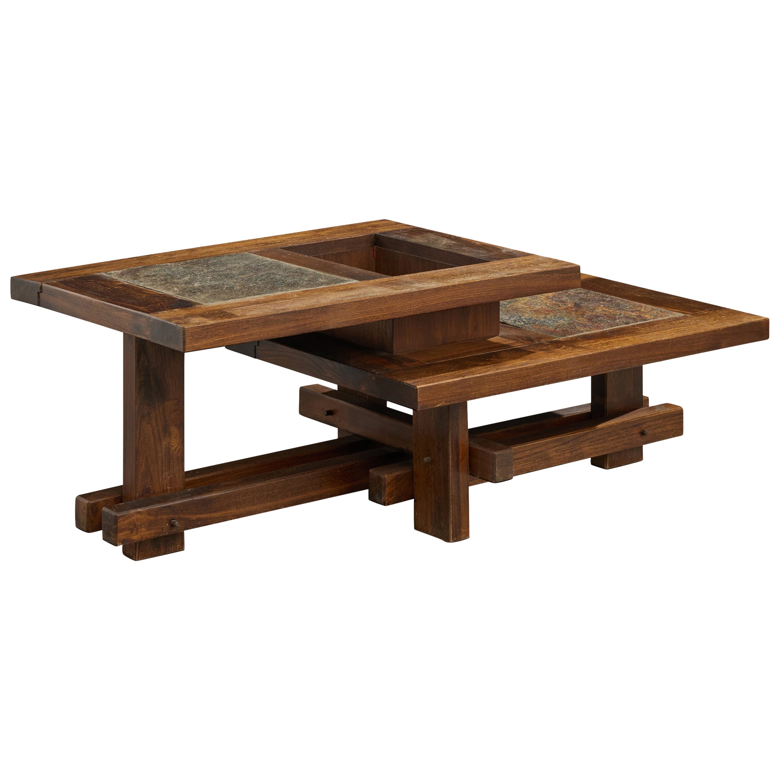 Designer français, table basse, Wood, ardoise, France, années 1960