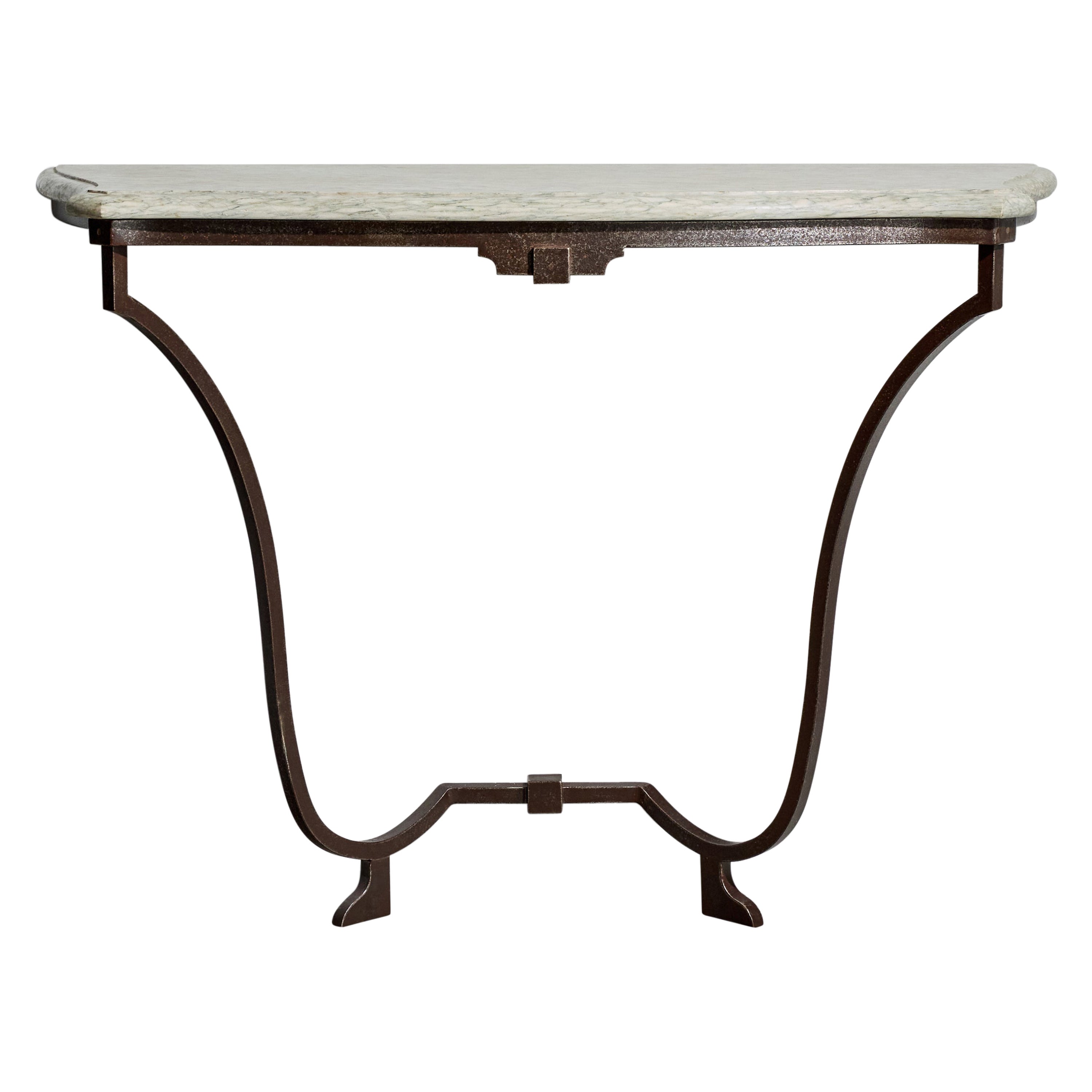 Tavolo da salotto di design francese, ferro, marmo, Francia, anni '40