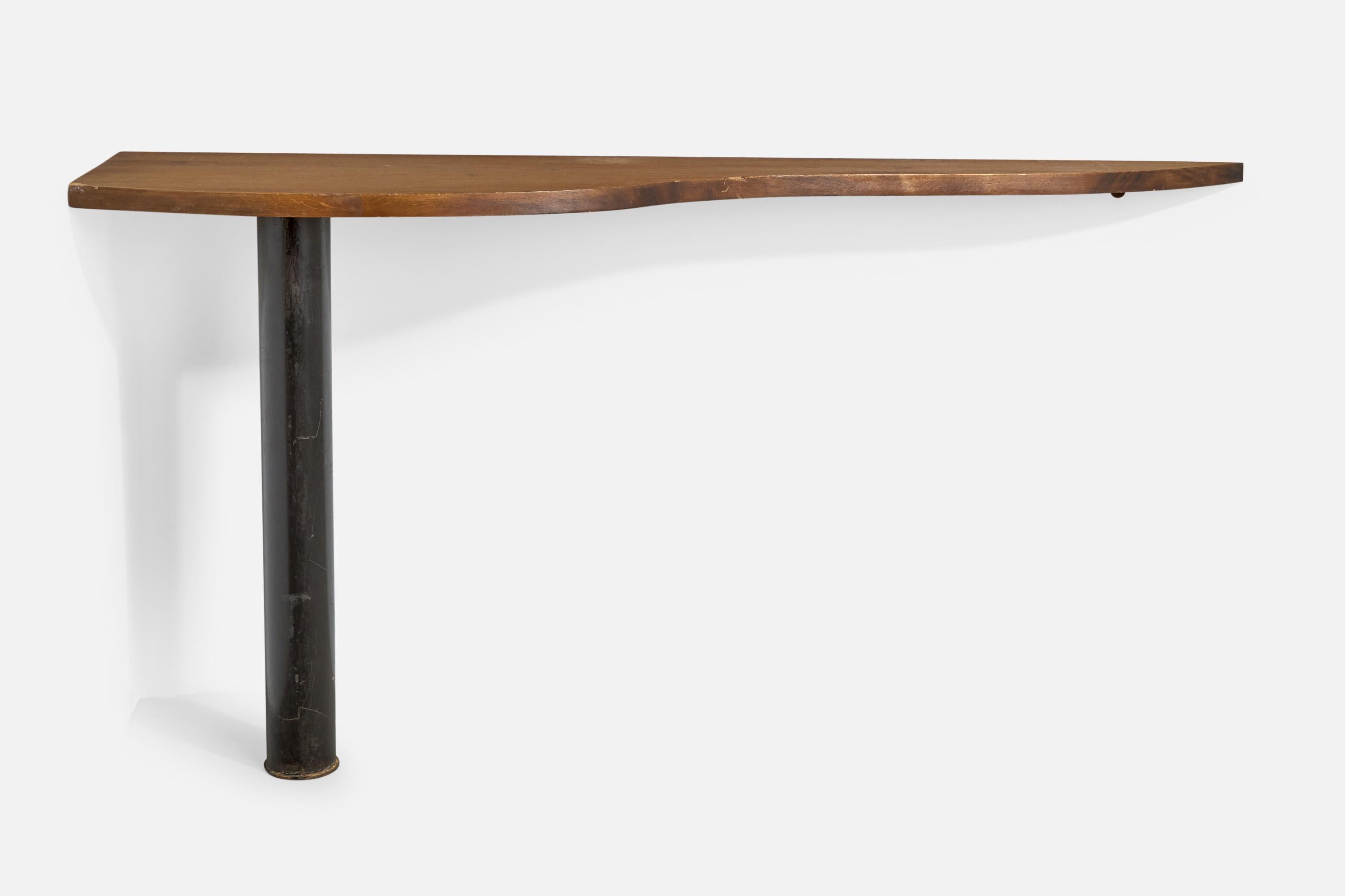 An oak and black-lacquered cast iron console table designed and produced in France, c. 1950s.

With dramatic original patina and chipping to wood as illustrated. Complimentary full touch-up of wood available.  

Light scratching and discoloration on