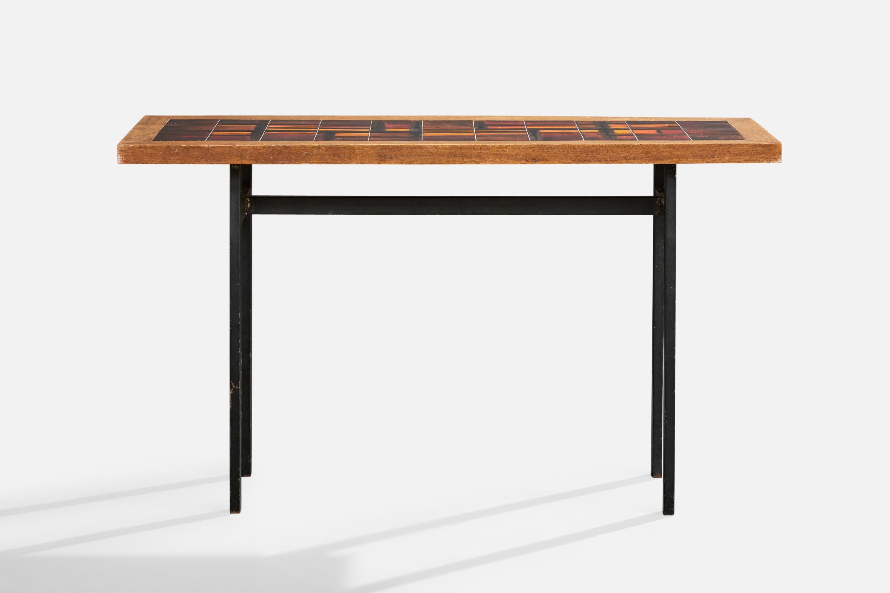 Mid-Century Modern French Designer, Console Table, Wood, Metal, Ceramic, France, 1970s For Sale