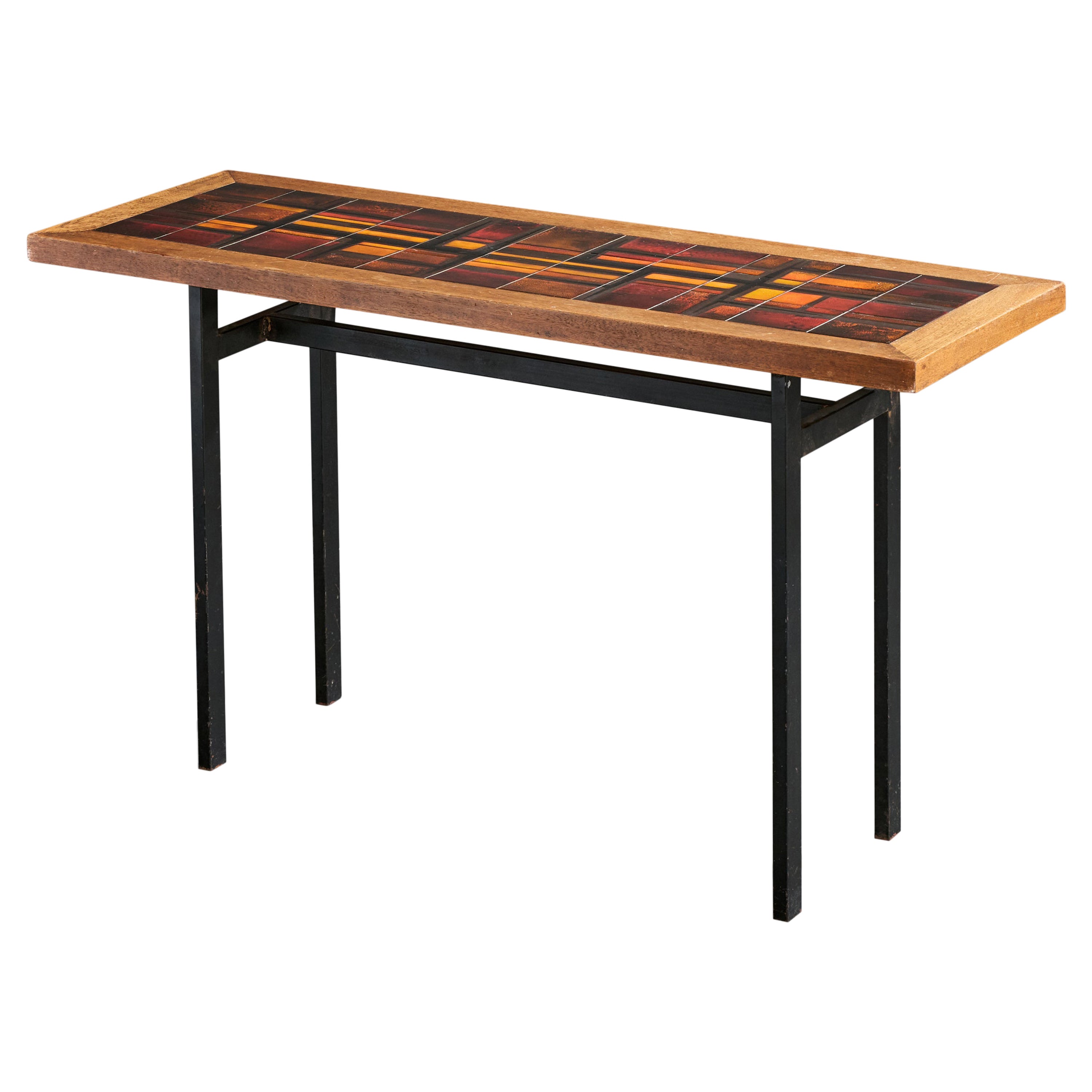 Tavolo consolle di design francese, Wood, metallo, ceramica, Francia, anni '70