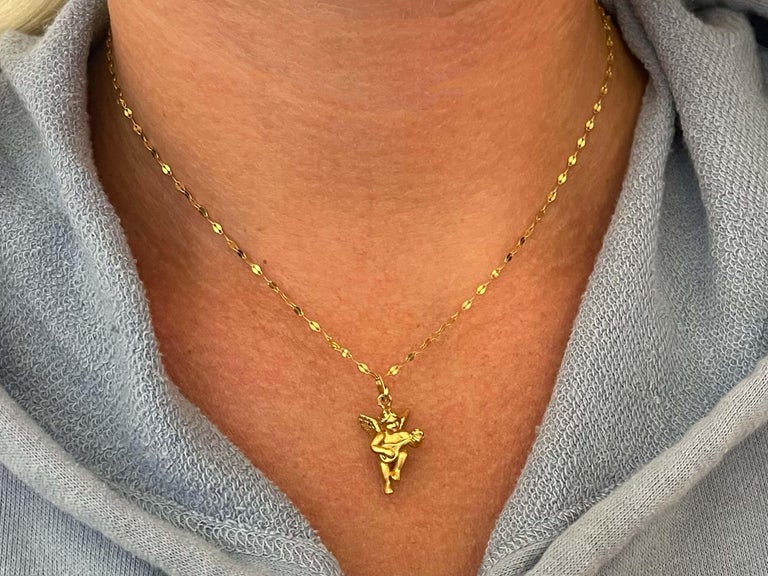 French Designer Cupid Mandolin Necklace in 18k Yellow Gold For Sale at