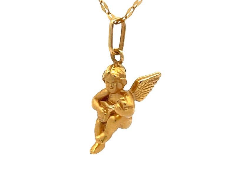 French Designer Cupid Mandolin Necklace in 18k Yellow Gold For Sale at