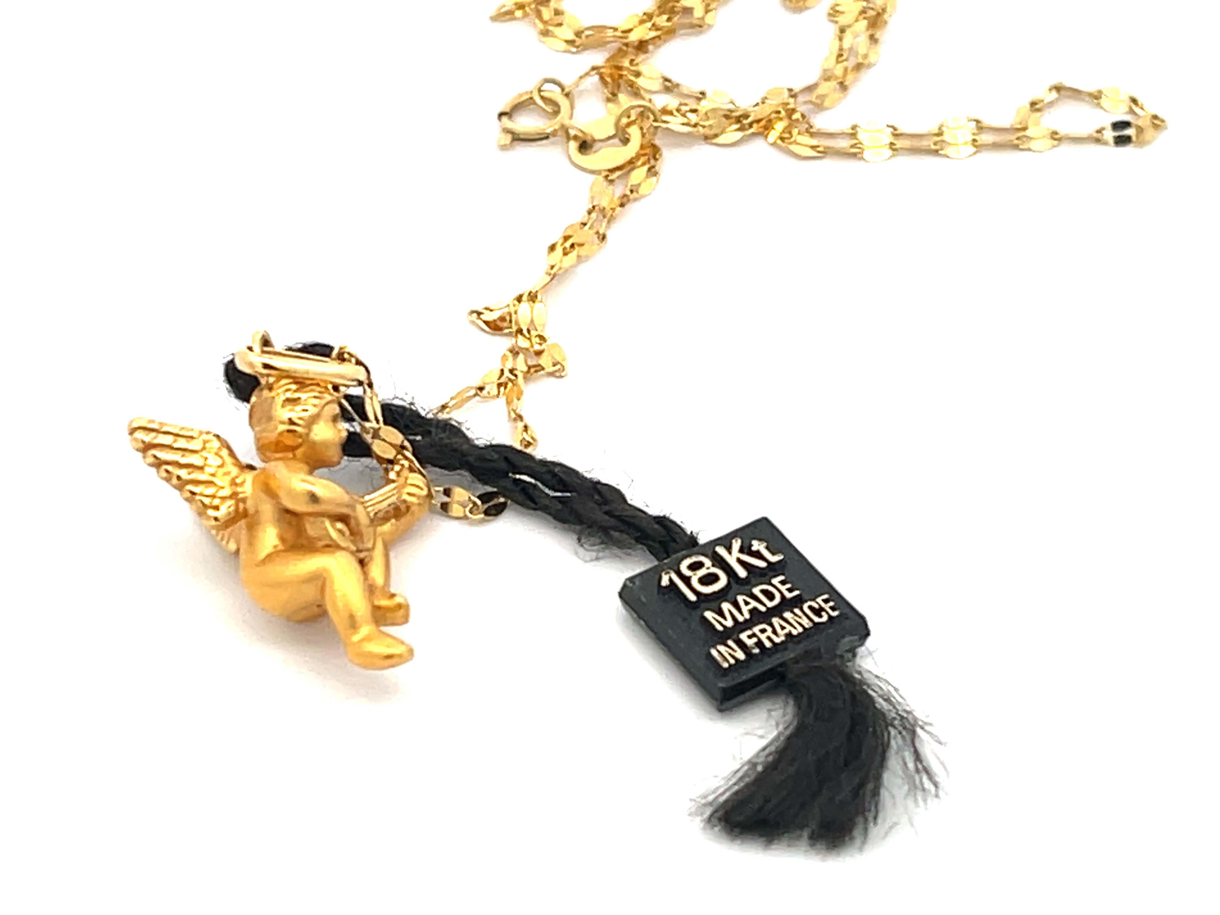 French Designer Cupid Mandolin Necklace in 18k Yellow Gold For Sale 2
