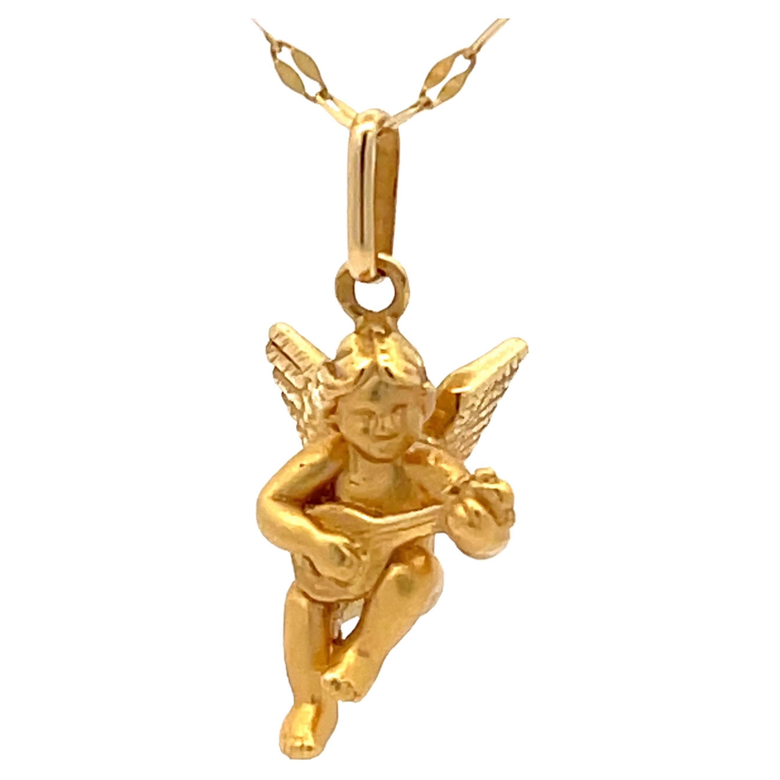 French Designer Cupid Mandolin Necklace in 18k Yellow Gold