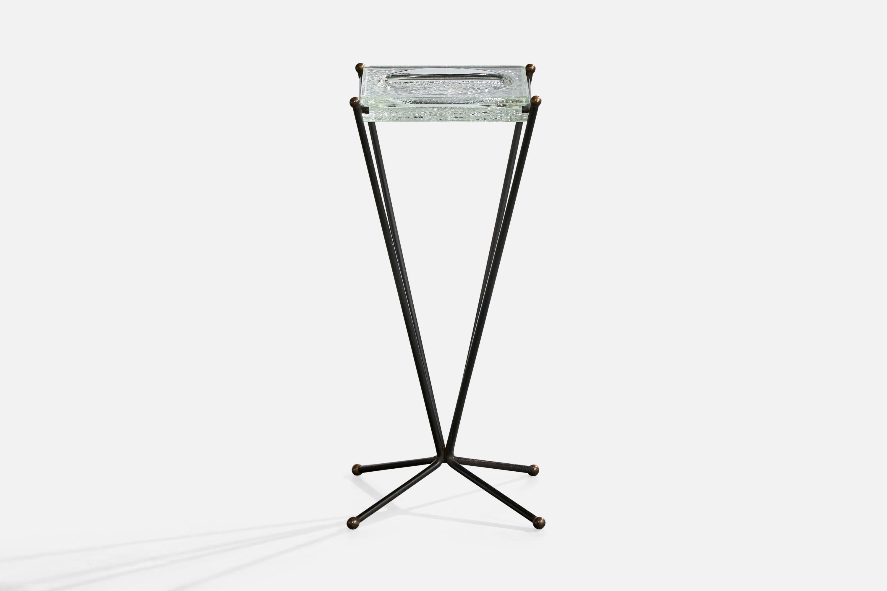 Mid-Century Modern French Designer, End Table, Iron, Brass, Glass, France, 1950s For Sale