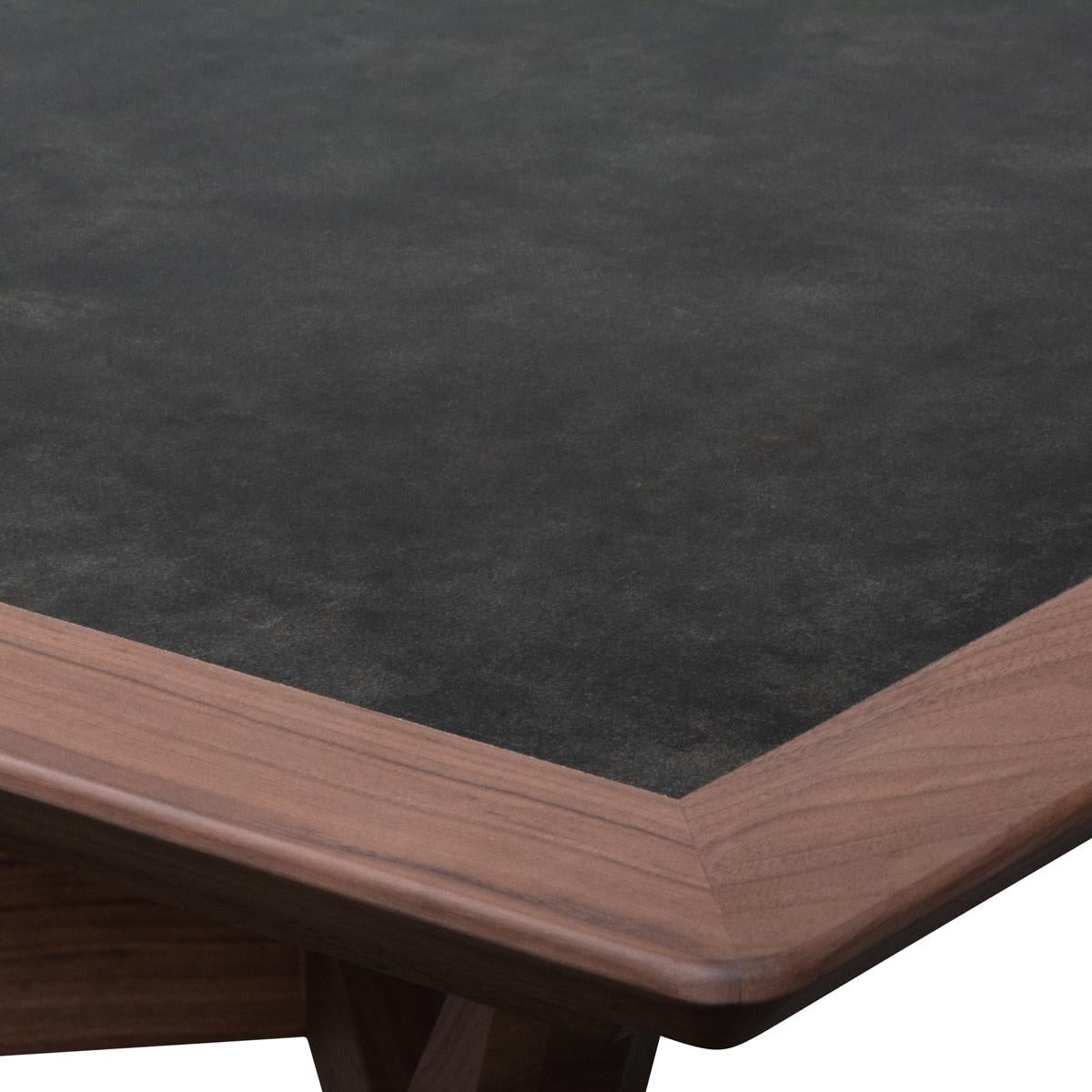 Modern French Designer Extendable Dining Table Solid Walnut Wood Ceramic Top For Sale