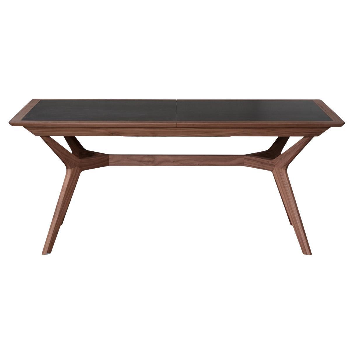French Designer Extendable Dining Table Solid Walnut Wood Ceramic Top For Sale