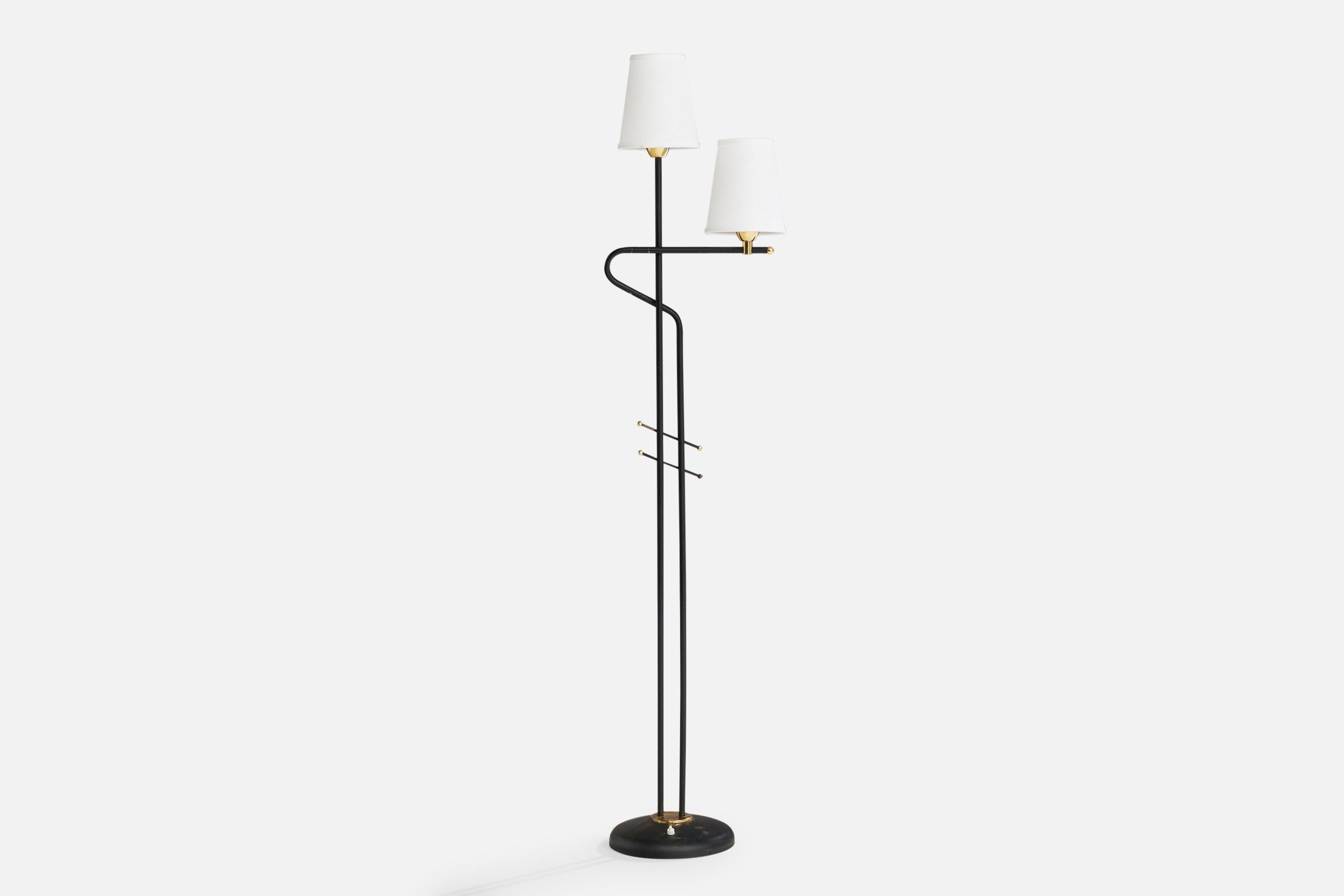 A brass, black-lacquered metal and white fabric floor lamp designed and produced in France, c. 1960s.

Dimensions of Lamp with Shade (inches): 61.2“ H x 13“ W x 10“ D

Bulb Specifications: Bayonet

Number of Sockets (per fixture): 2

Sold with