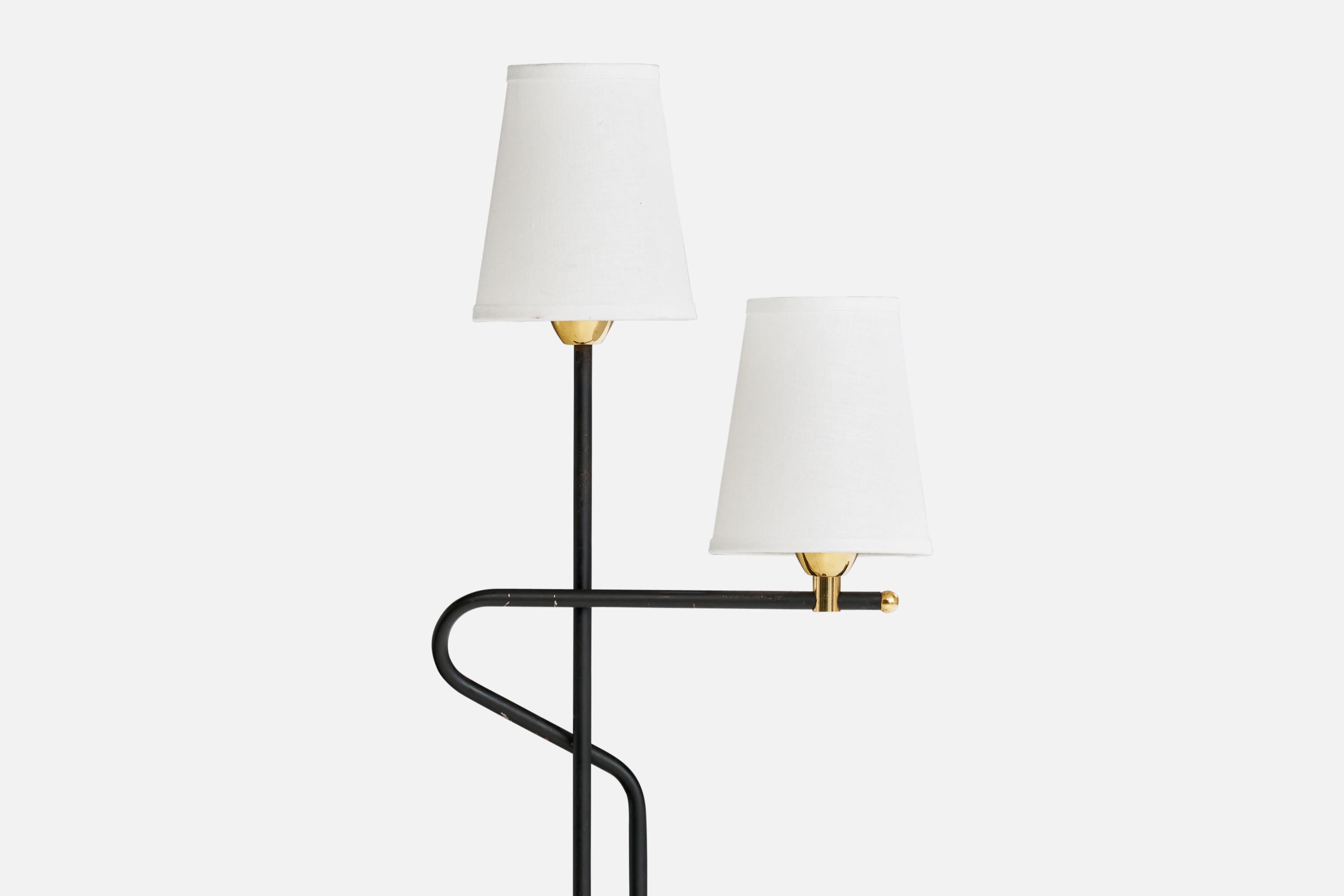 Mid-Century Modern French Designer, Floor Lamp, Brass, Metal, Fabric, France, 1960s For Sale