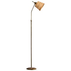French Designer, Floor Lamp, Brass, Rattan, France, 1950s