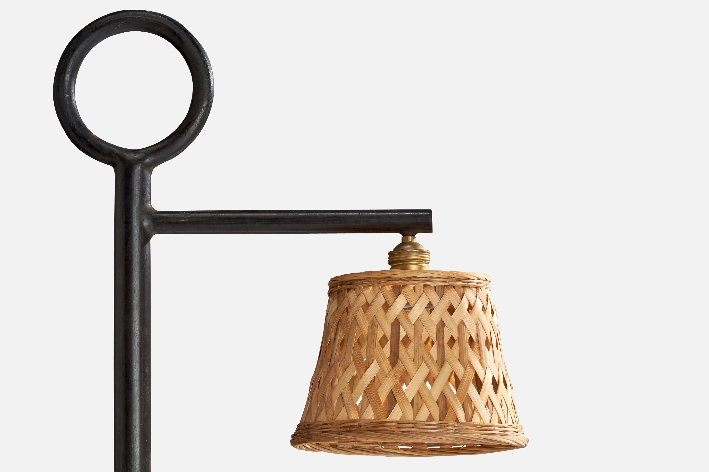 Late 20th Century French Designer, Floor Lamp, Metal, Brass, Rattan, France, 1970s For Sale