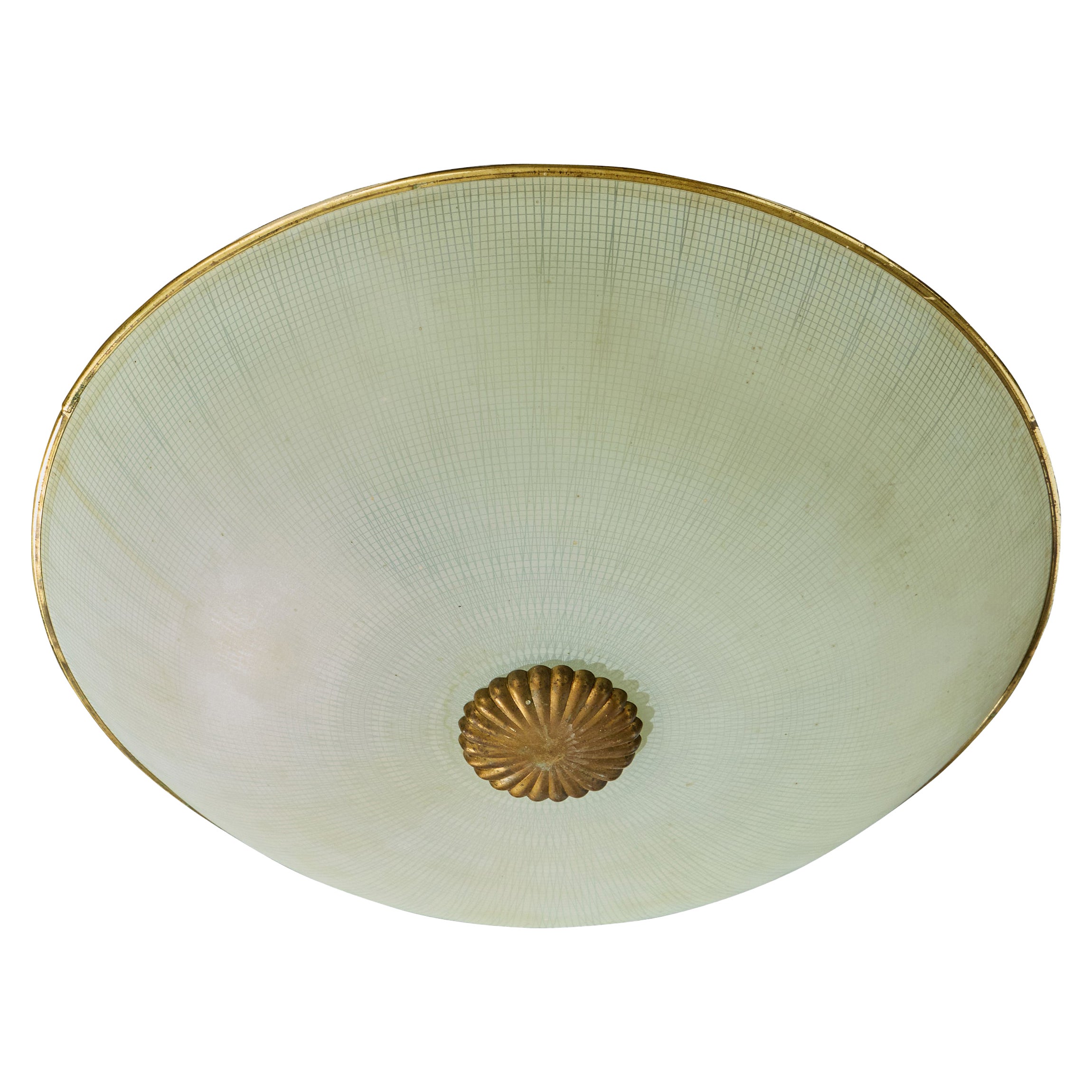 French Designer, Flush Mount, Brass, Glass, France, 1950s