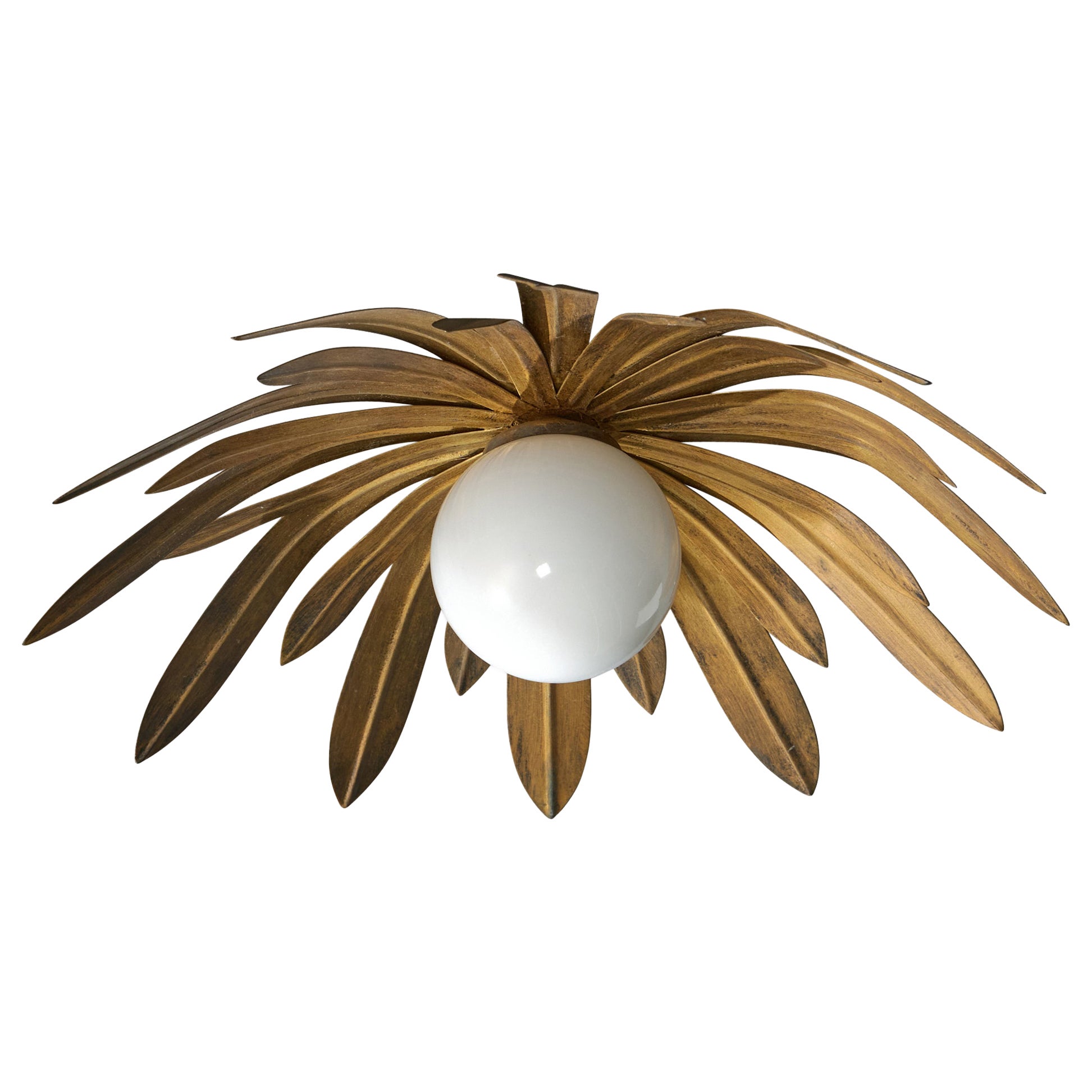 French Designer, Flush Mount, Brass, Glass, France, 1950s For Sale