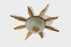 French Designer, Flush Mount, Brass, Glass, France, 1970s