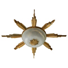 French Designer, Flush Mount, Brass, Glass, France, 1970s