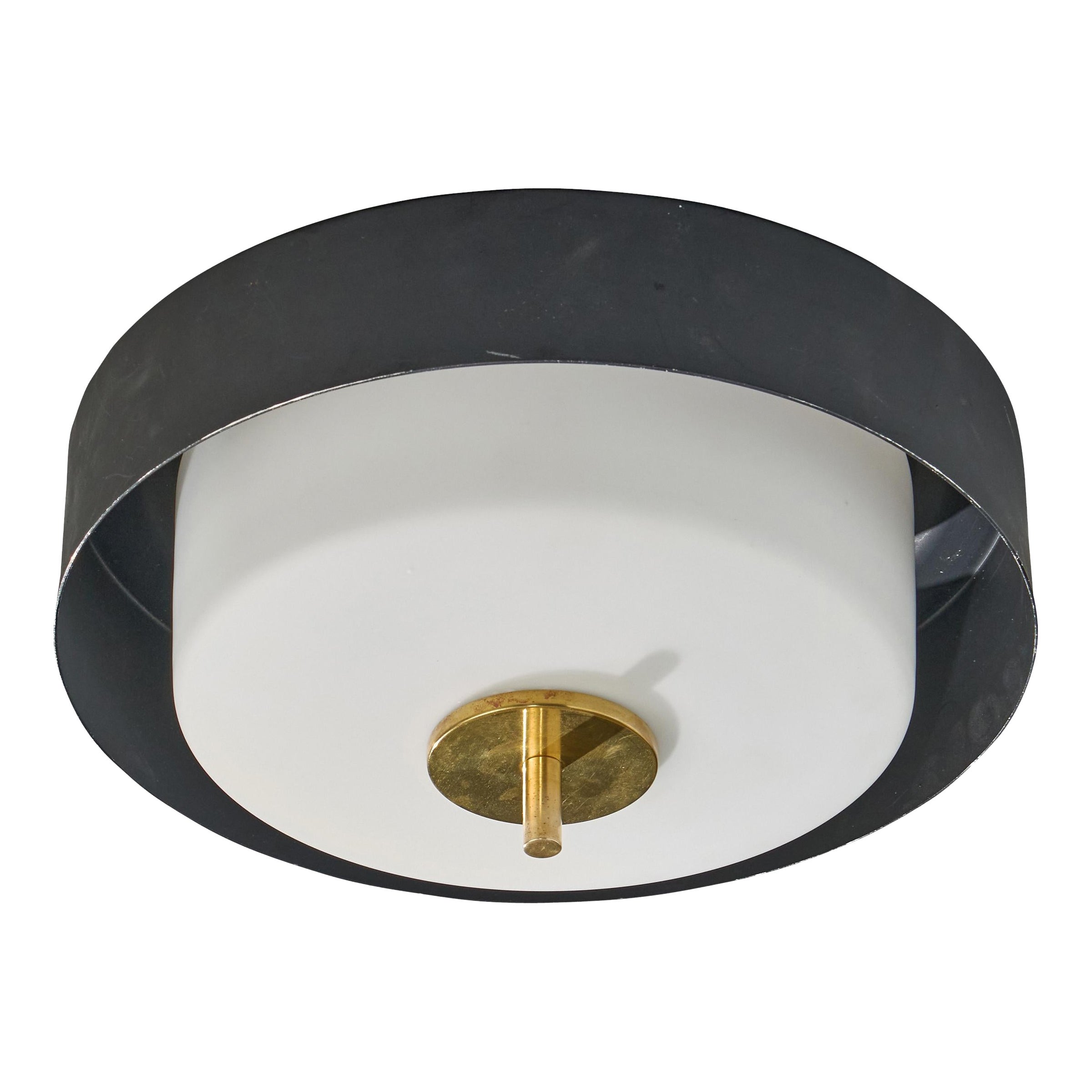 French Designer, Flush Mount, Metal, Glass, Brass, France, 1950s