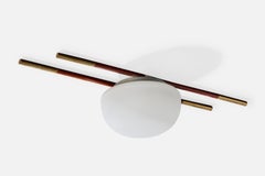 French Designer, Flush Mount, Wood, Brass, Glass, France, 1950s