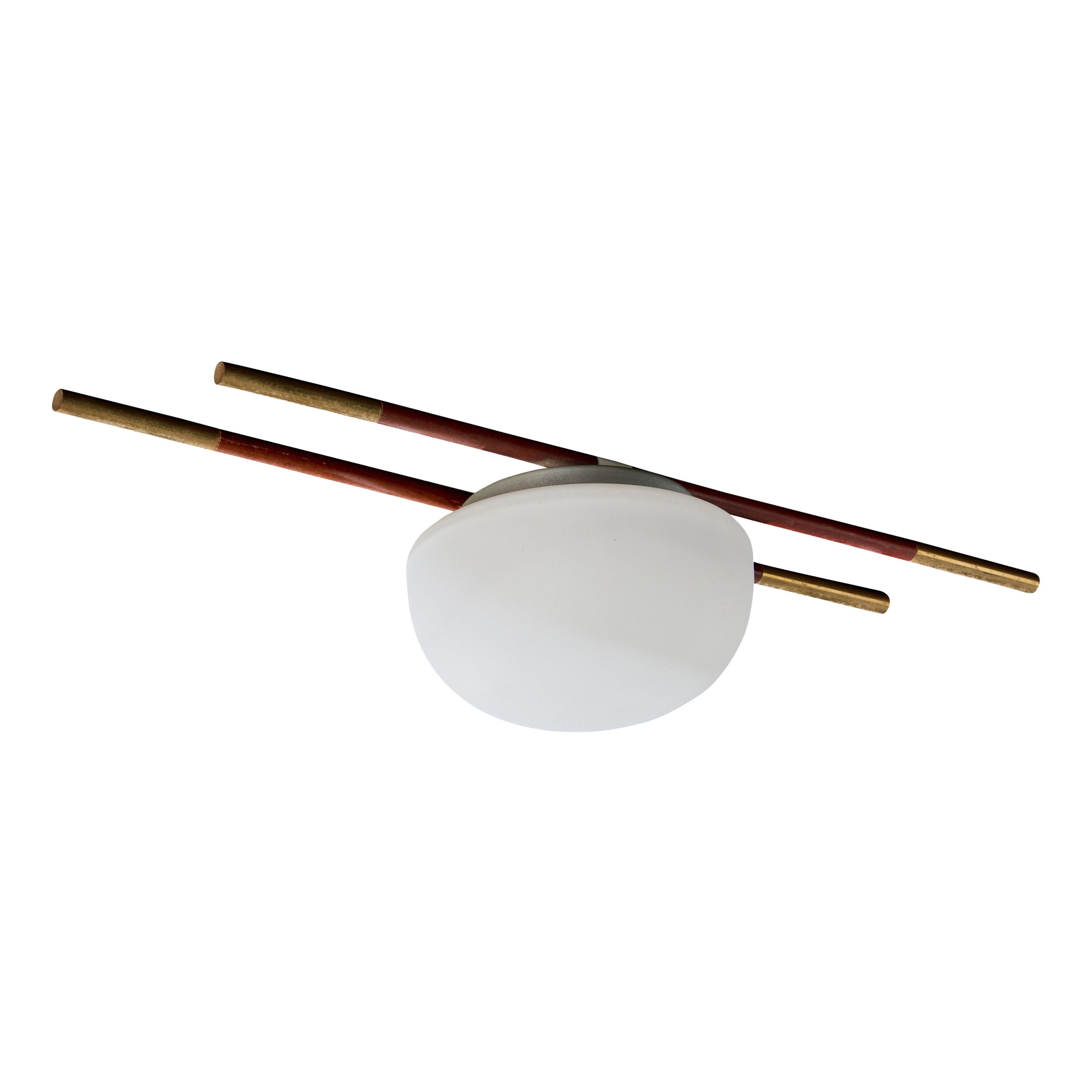 French Designer, Flush Mount, Wood, Brass, Glass, France, 1950s