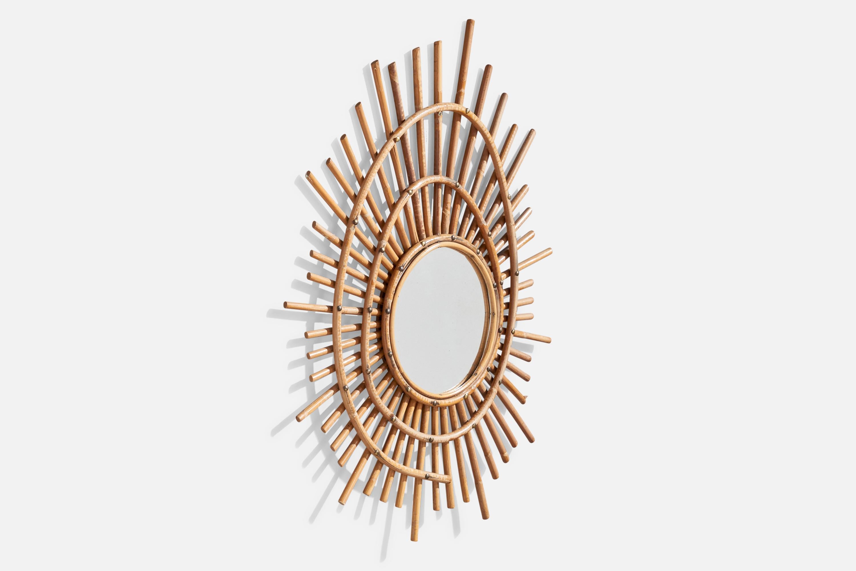 Mid-Century Modern French Designer, Freeform Mirror, Bamboo, Brass, France, 1950s For Sale