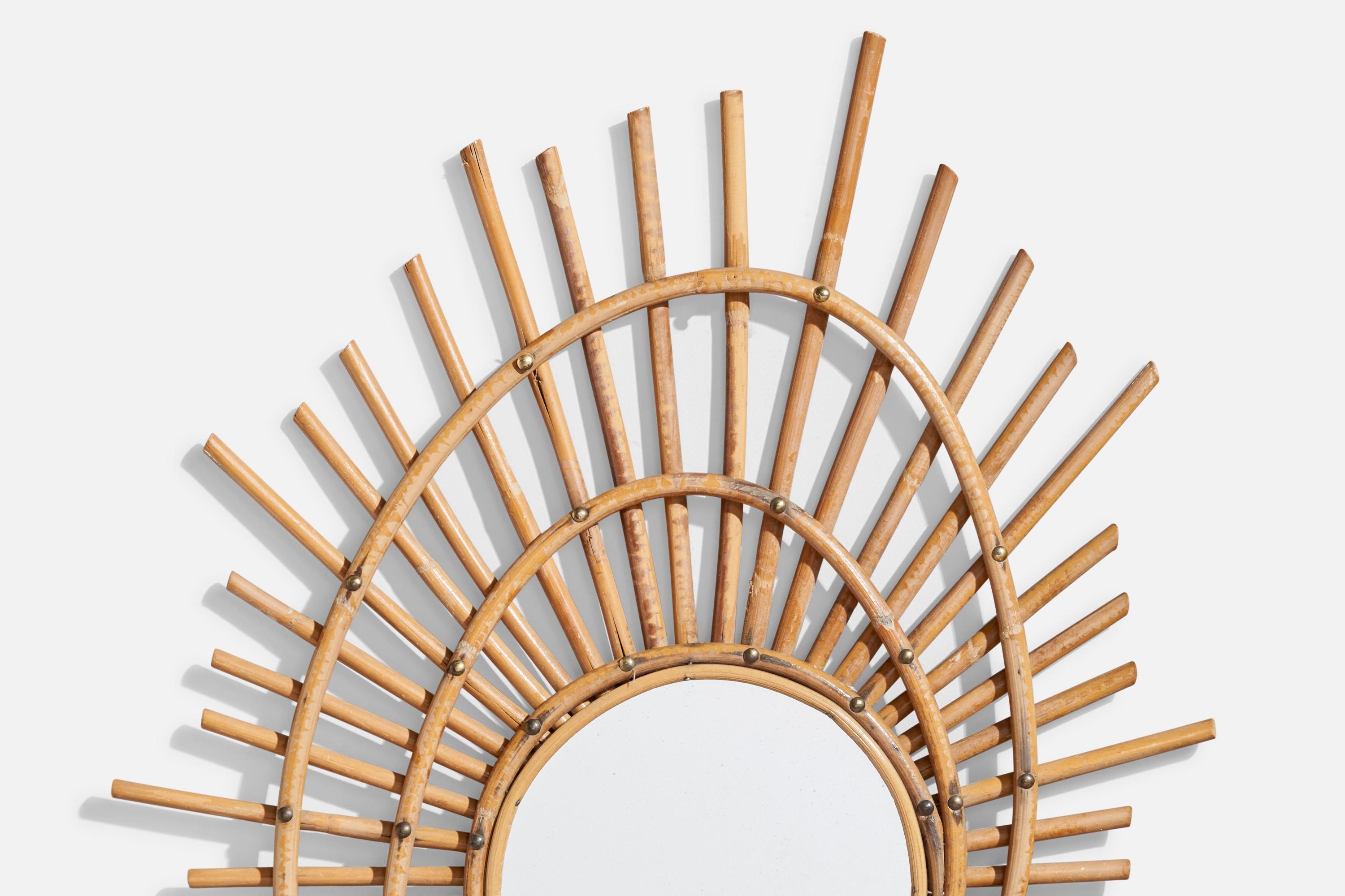 Mid-20th Century French Designer, Freeform Mirror, Bamboo, Brass, France, 1950s For Sale