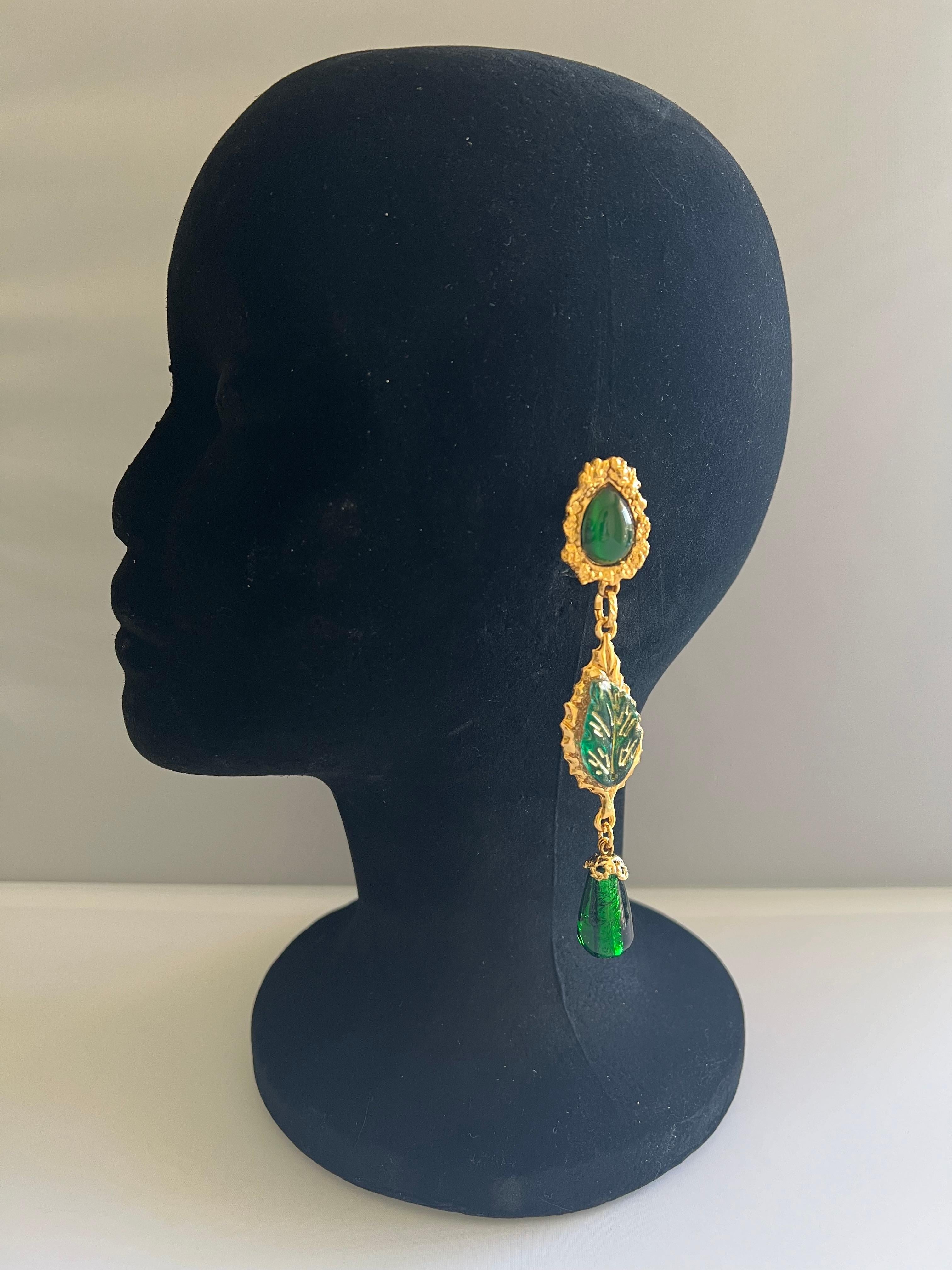 French designer (Hanna Bernard) Paris clip-on statement drop earrings with green glass embellishments (made in France).