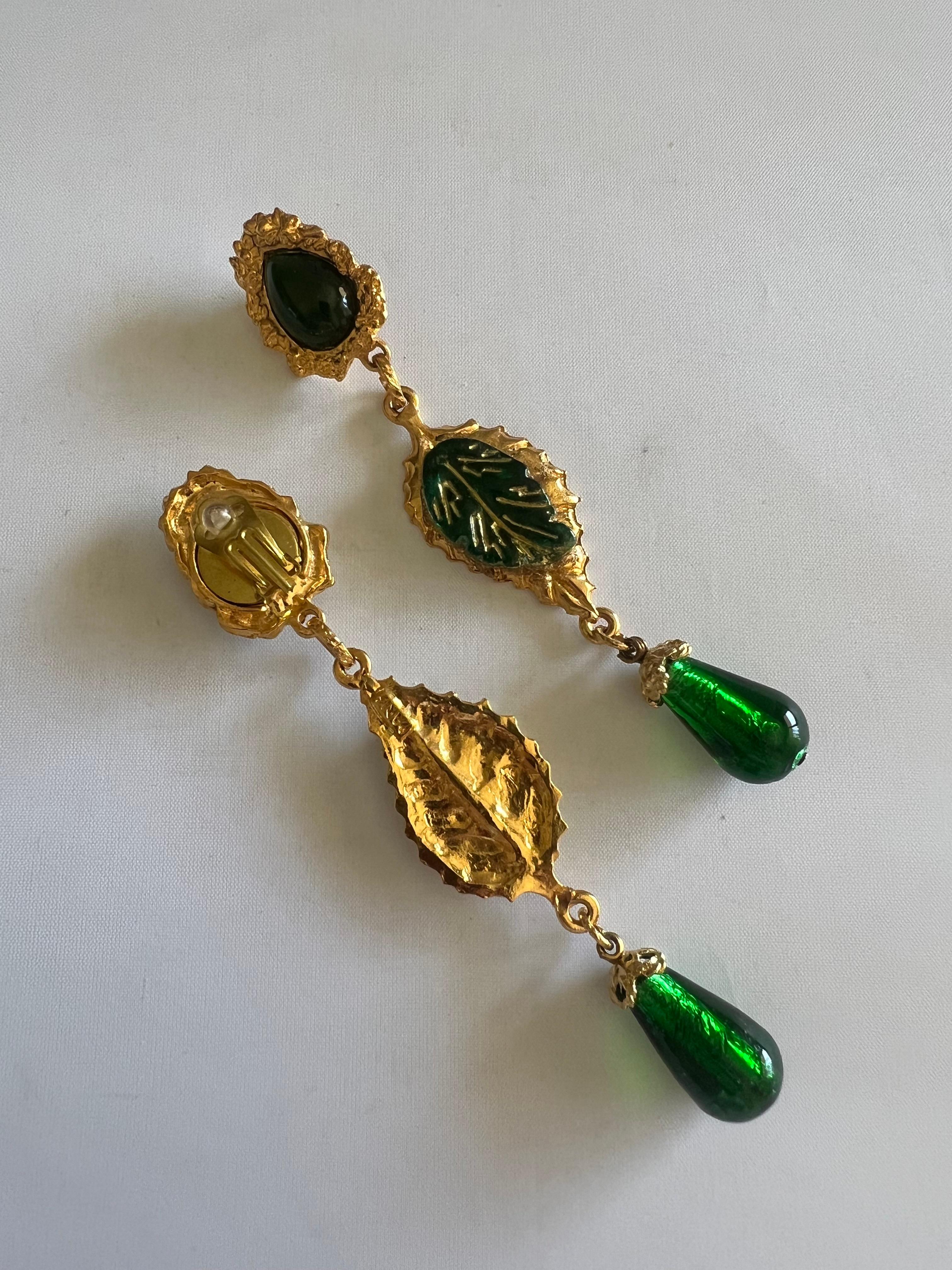 French Designer Gilt Green Leaf Drop Earrings In Excellent Condition In Palm Springs, CA