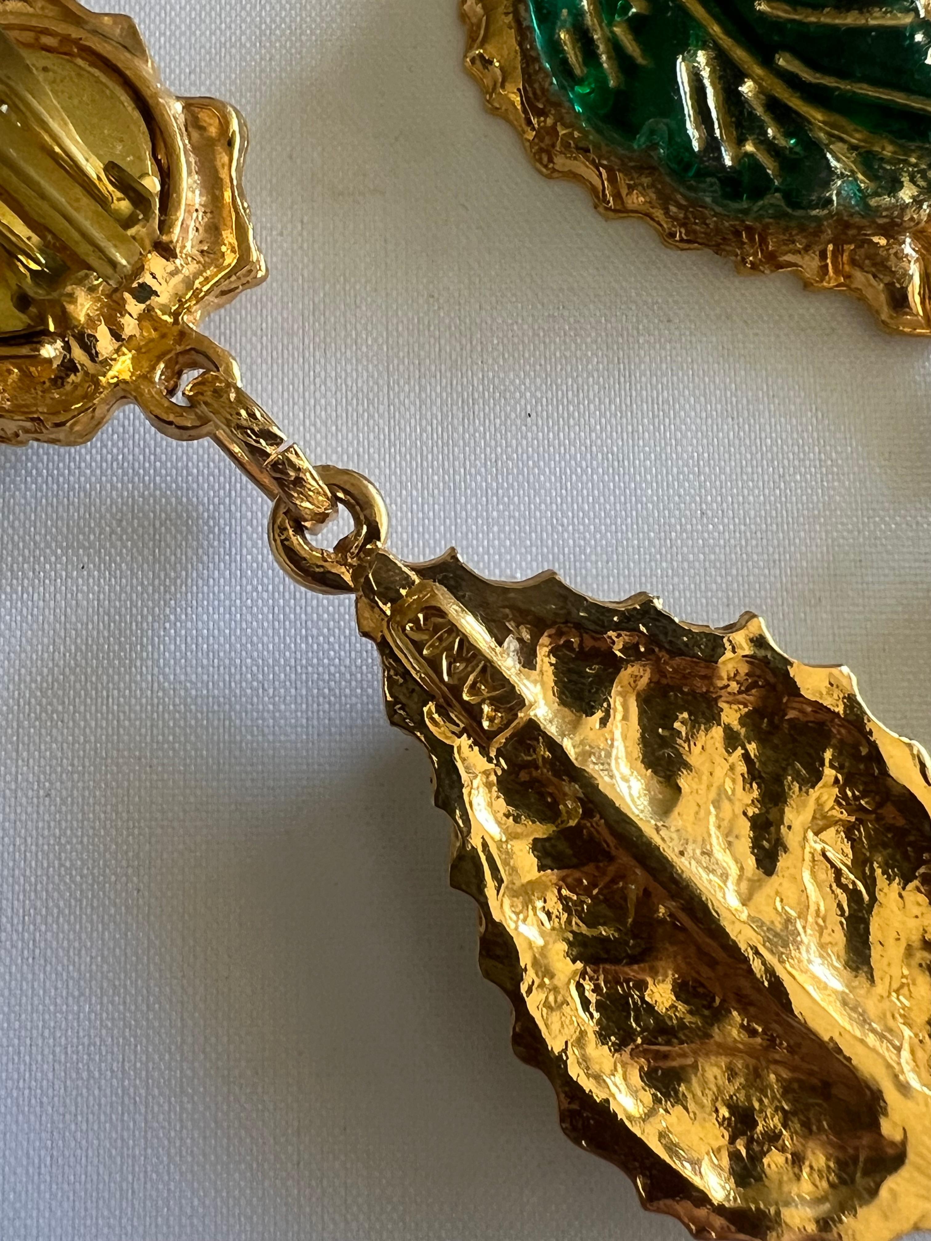 Women's French Designer Gilt Green Leaf Drop Earrings