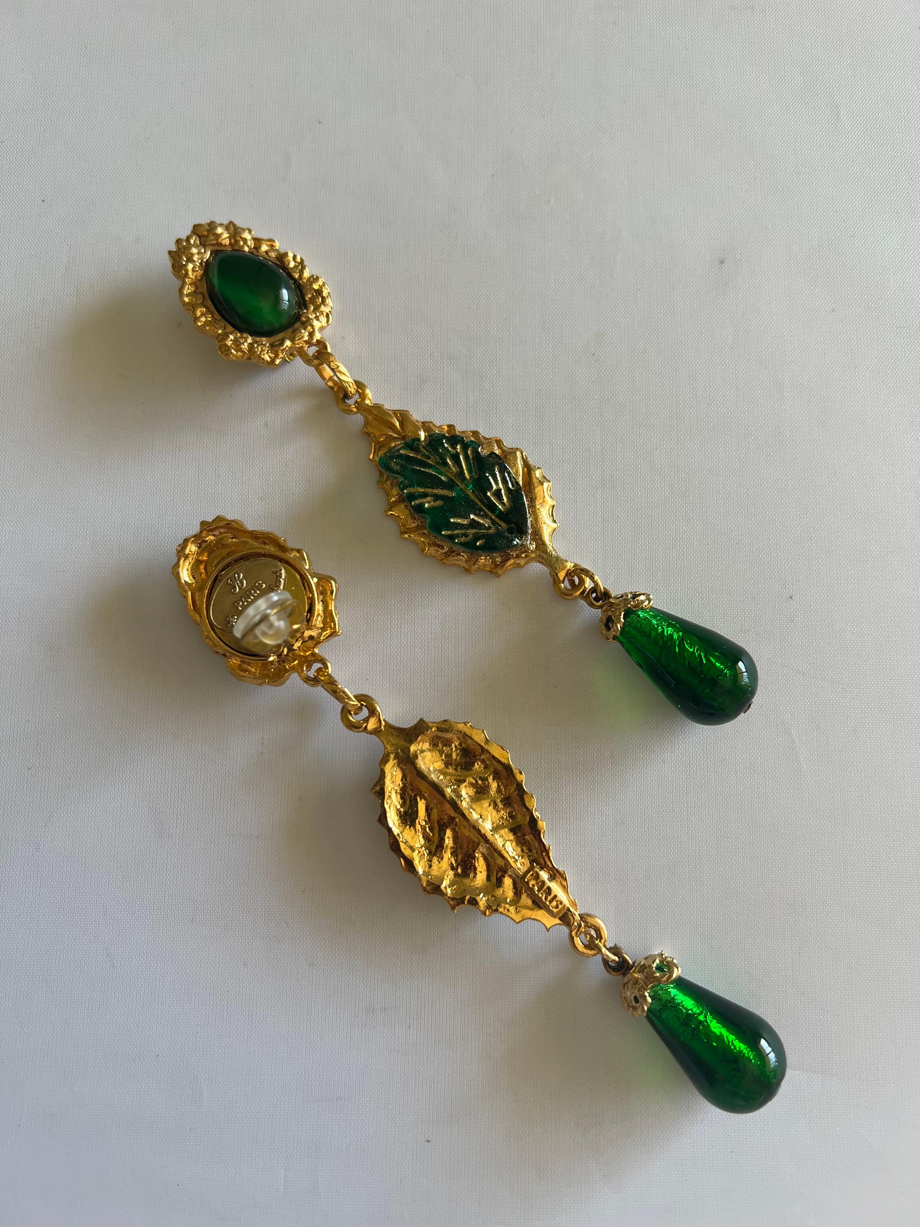 French Designer Gilt Green Leaf Drop Earrings 1