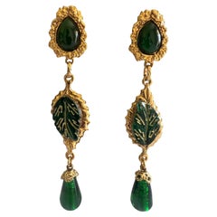 French Designer Gilt Green Leaf Drop Earrings