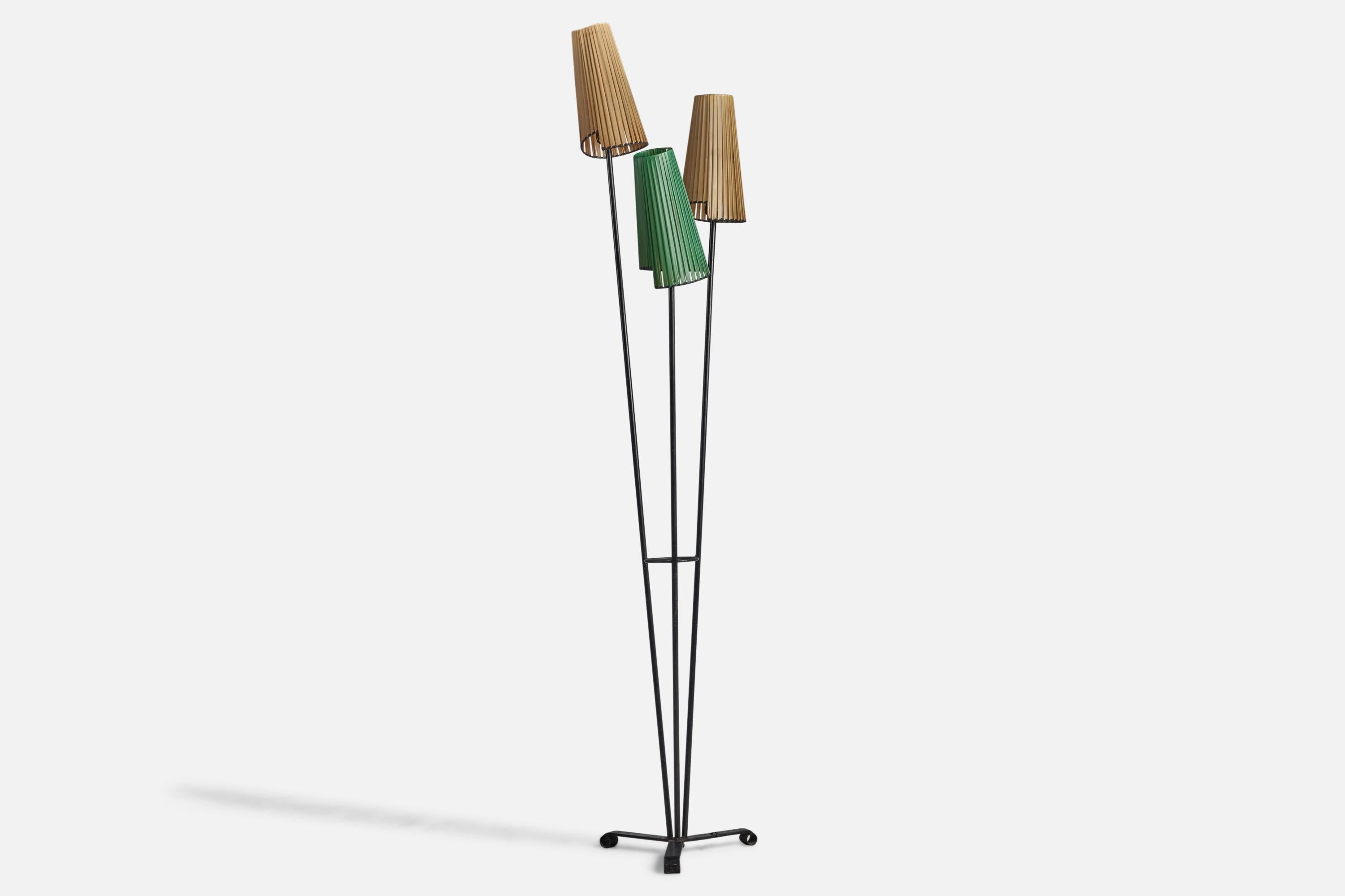 A large black-lacquered iron and beige and green rubber band floor lamp designed and produced in France, c. 1950s.

Overall Dimensions (inches): 84.5” H x 17.5” Diameter

Bulb Specifications: E-26 Bulb

Number of Sockets: 3

All lighting will be