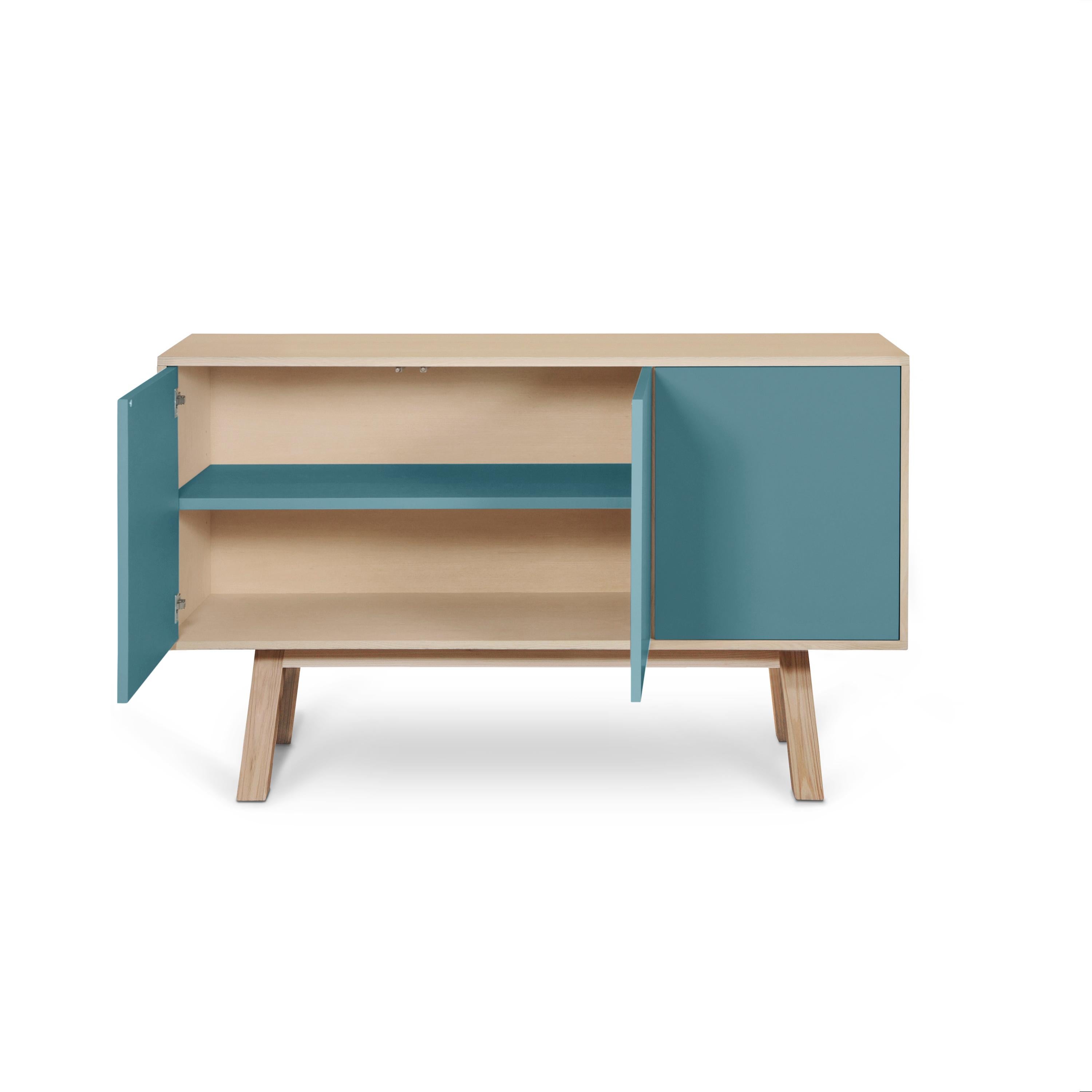Lacquered French designer light blue 3-door scandinavian sideboard, by Eric Gizard Paris For Sale