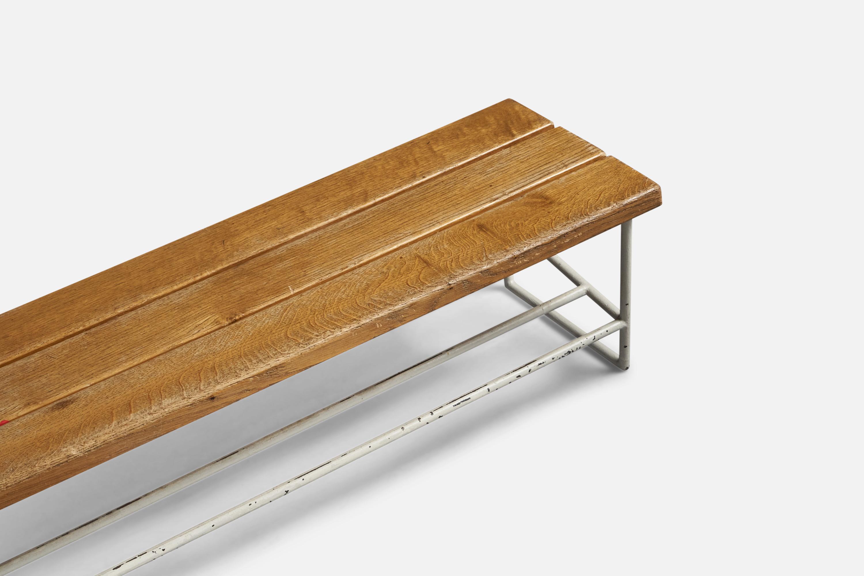 Mid-20th Century French Designer, Long Bench, Oak, Iron, France, 1940s For Sale