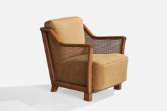 French Designer, Lounge Chair, Oak, Cane, Fabric, 1950s