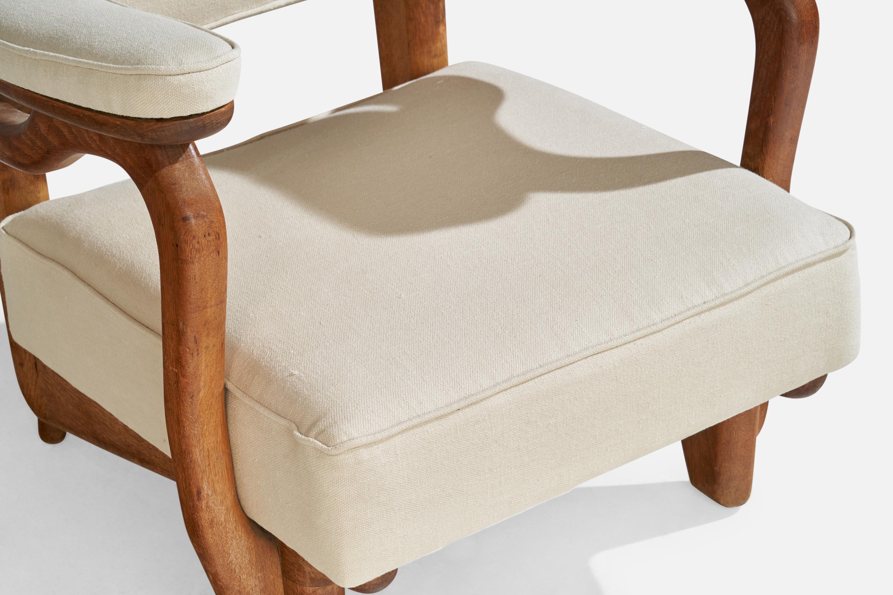 French Designer, Lounge Chair, Oak, Fabric, France, 1950s 6